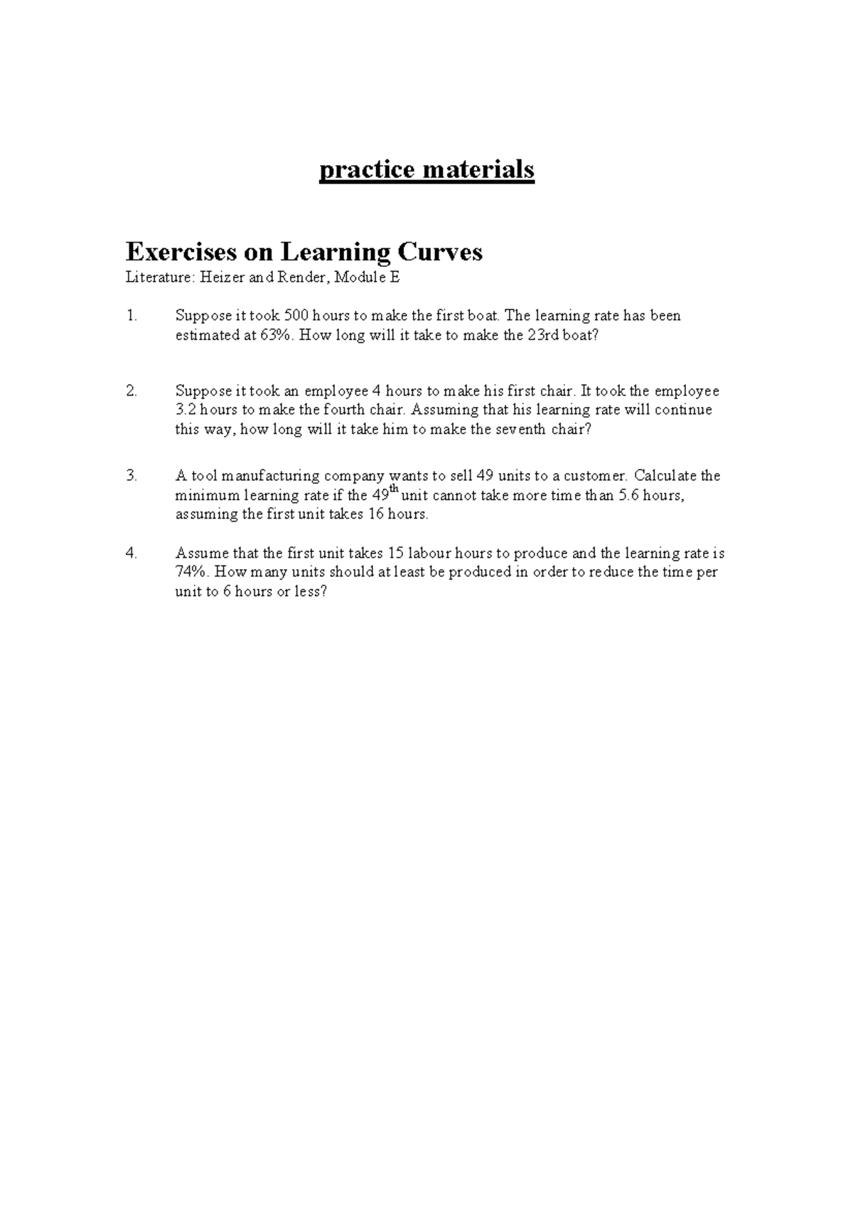 Module E Exercises: Learning Curves Practice Problems and Solutions ...