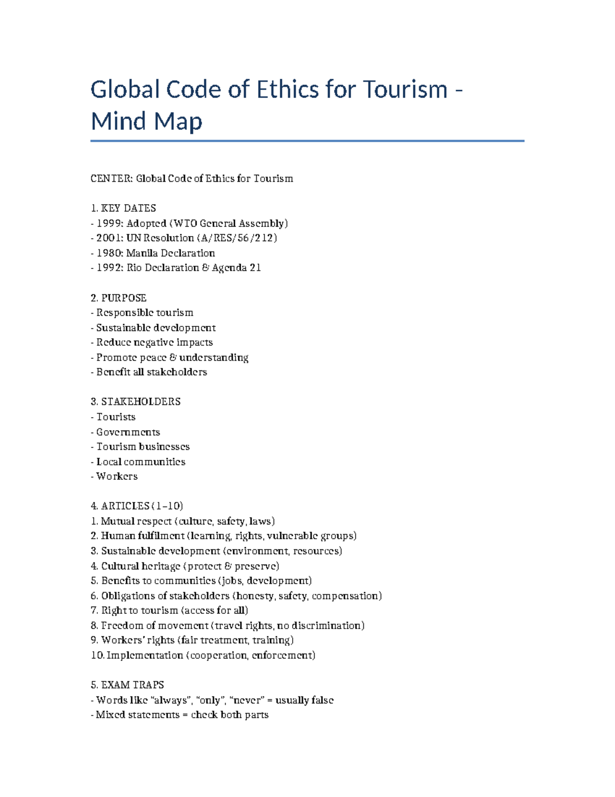 Tourism Ethics Mind Map: Global Code of Ethics Overview - Studocu