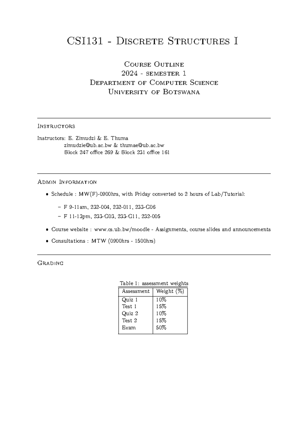 CSI131 Discrete Structures I Course Outline - 2024 Semester 1 - Studocu