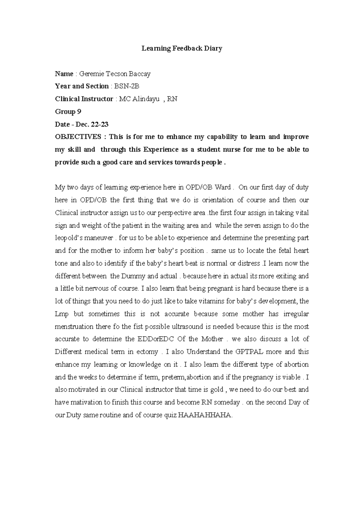 Learning Feedback Diary: OPD/OB Experience - Geremie Baccay BSN-2B ...