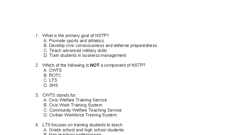 NSTP Quiz Questions and Answers: Understanding the Program - Studocu