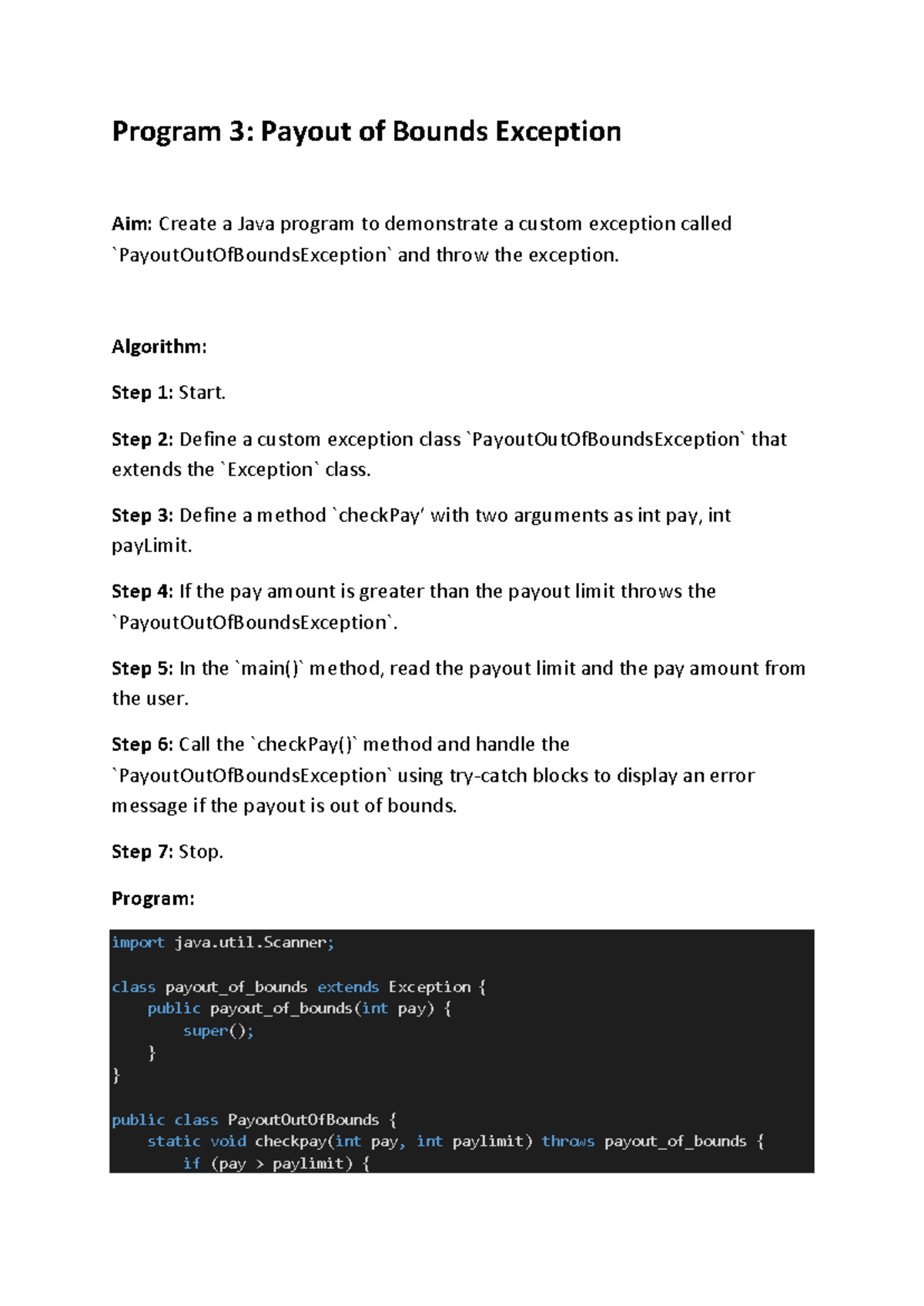 Program 3 - Java Custom Exception: PayoutOutOfBoundsException Demo ...