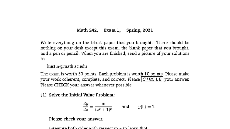 Math 242, Exam 1 Solutions, Spring 2021 - Studocu
