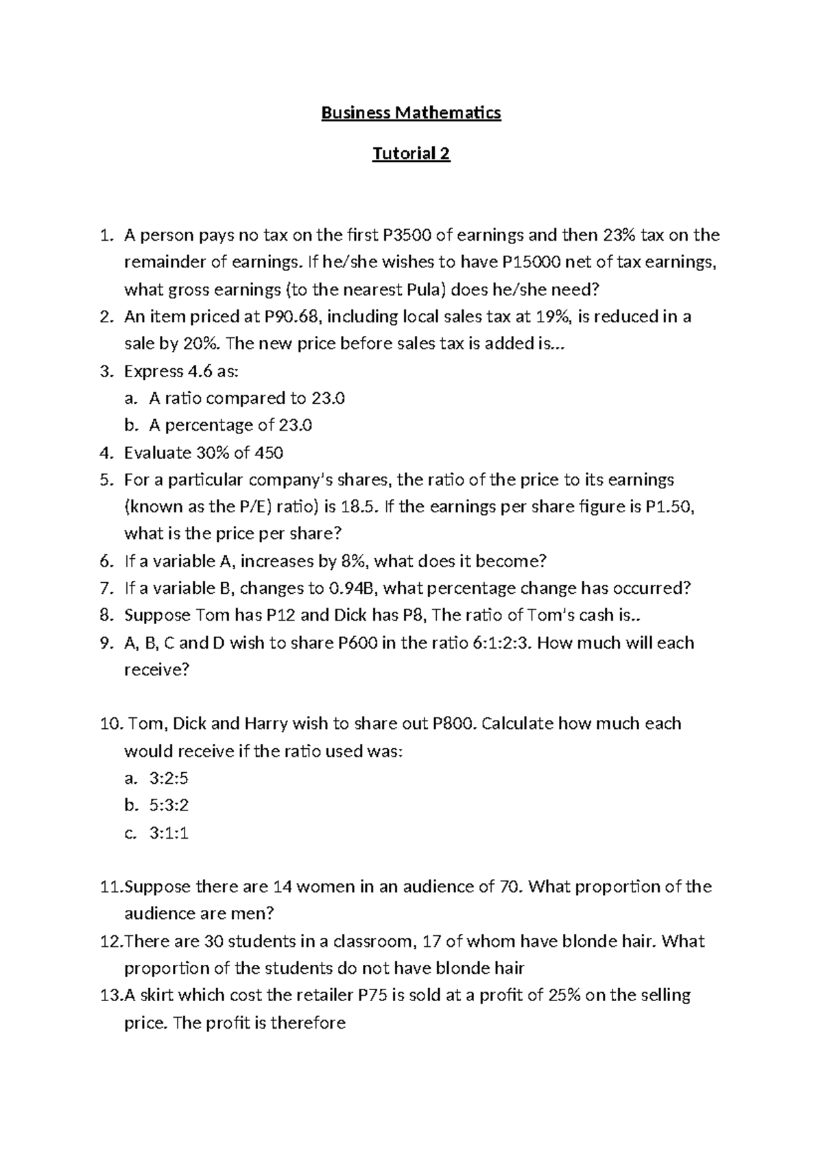 Business Math Tutorial 2 - Practice Problems and Solutions - Studocu
