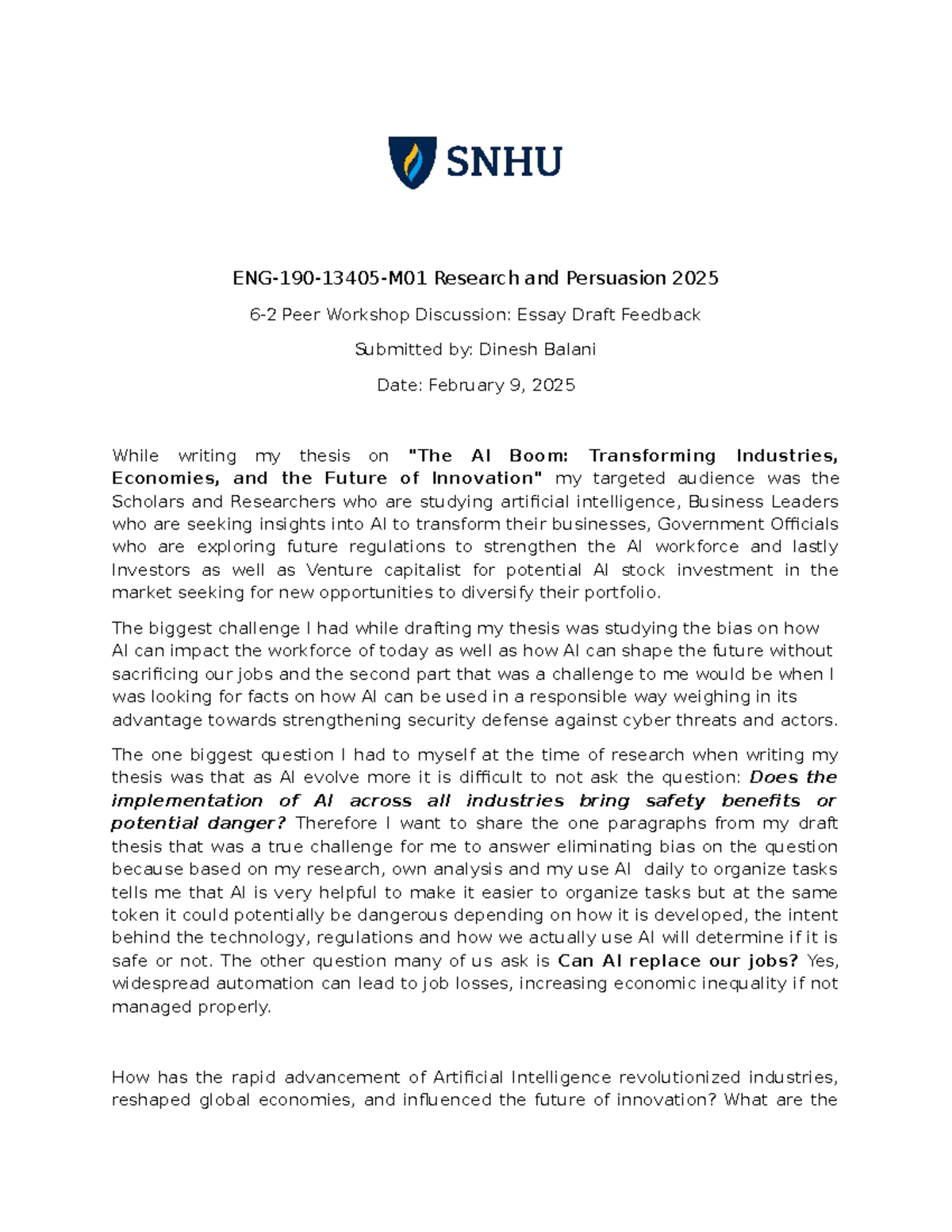 ENG-190-13405-M01 Peer Workshop: Essay Draft Feedback on AI Boom - Studocu