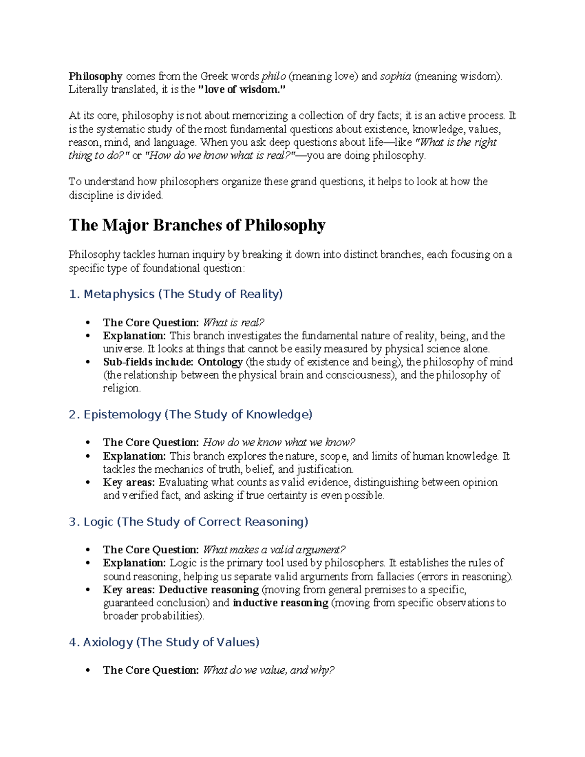 Philosophy 101: Exploring Major Branches and Core Questions - Studocu