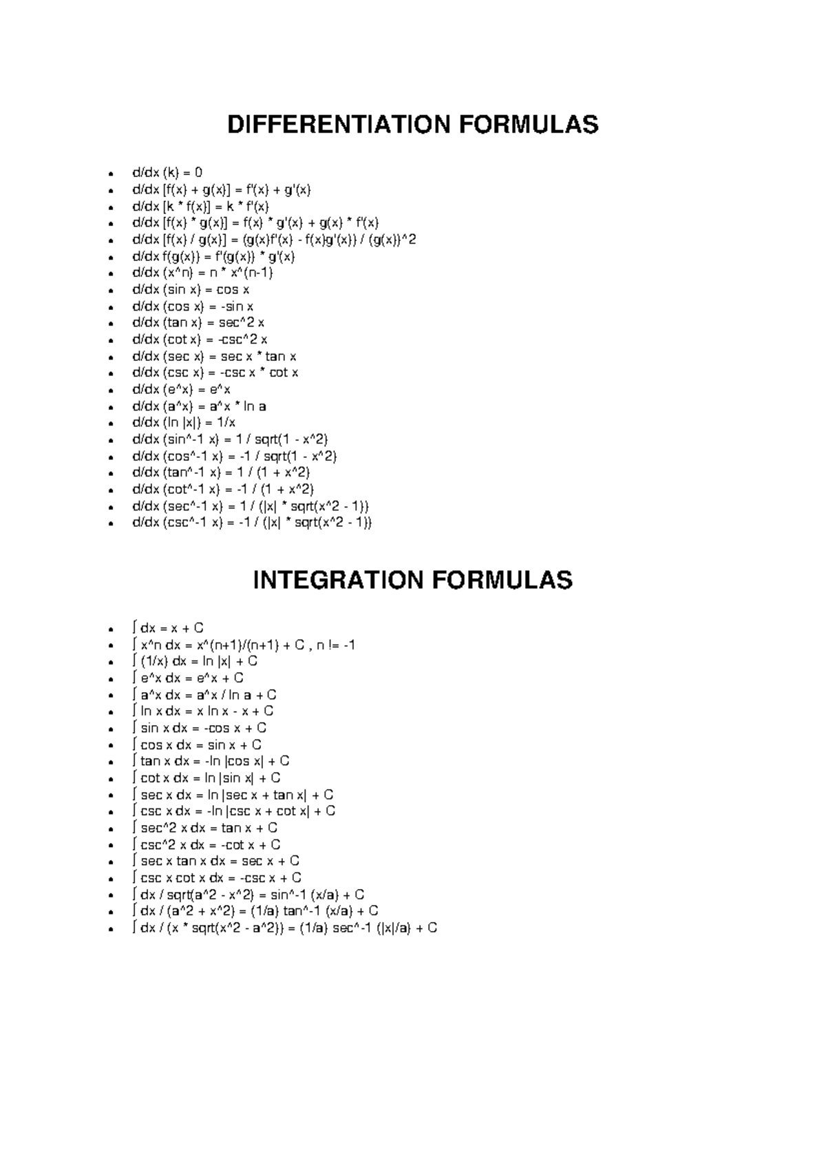 Differentiation & Integration Formulas for Calculus (MATH 101) - Studocu