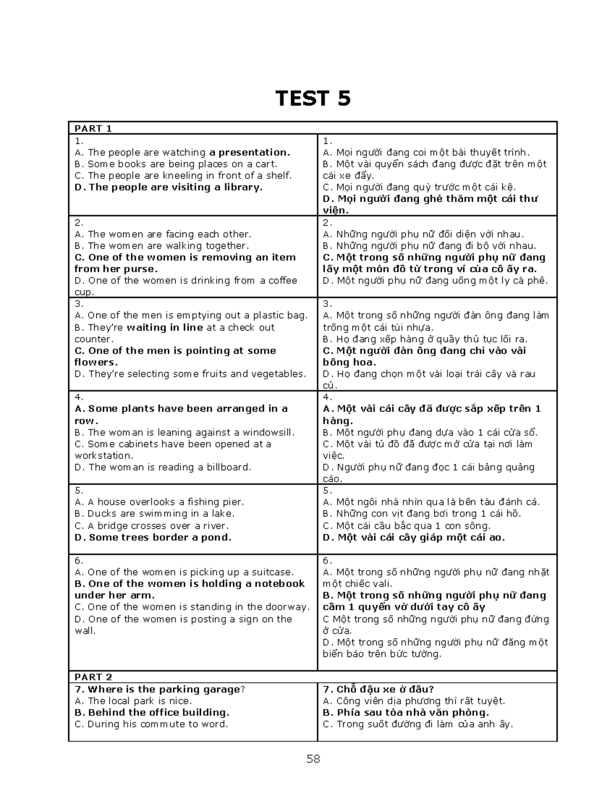 GIẢI CHI TIẾT LC 5 - eng - TEST 5 PART 1 1. A. The people are watching ...