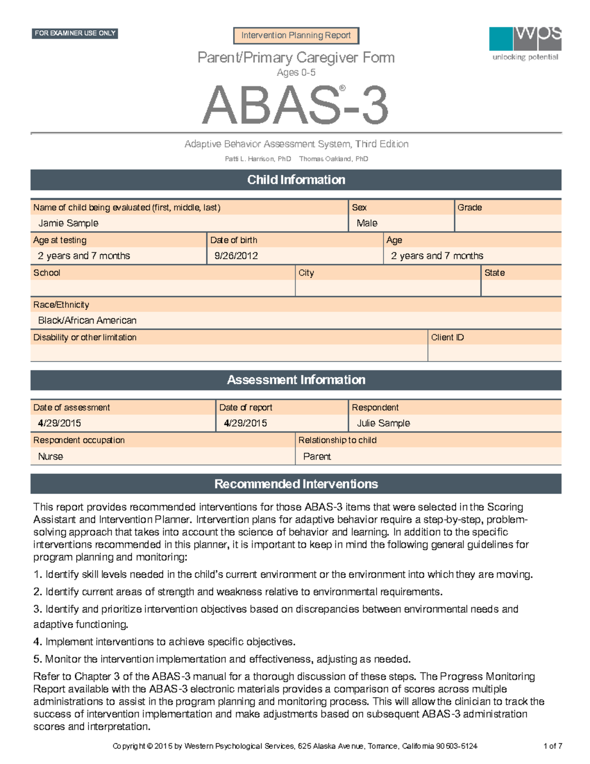 Intervention Planning Report Examples for Ages: Adaptive Behavior ...