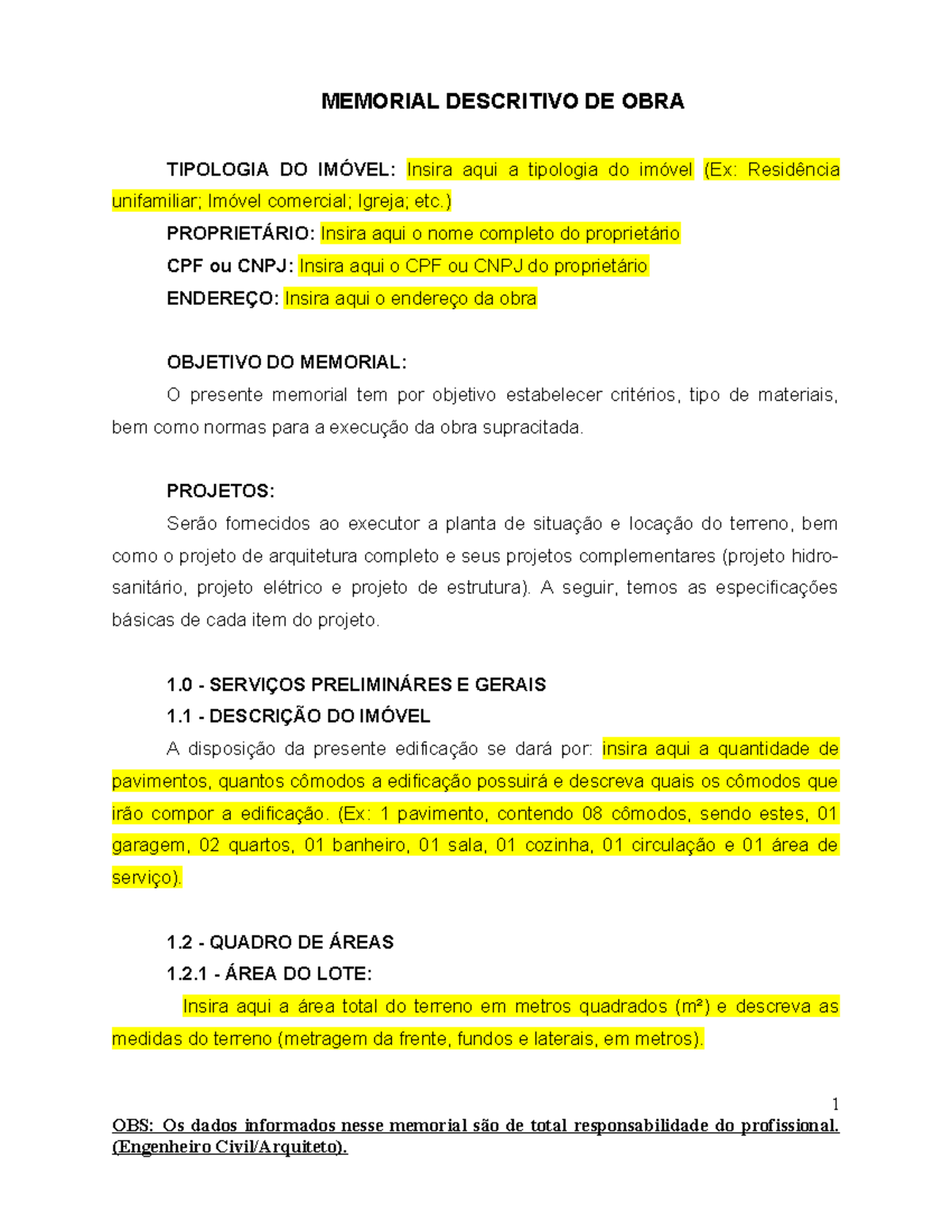 Memorial Descritivo de Obra - Especificações e Critérios Técnicos - Studocu
