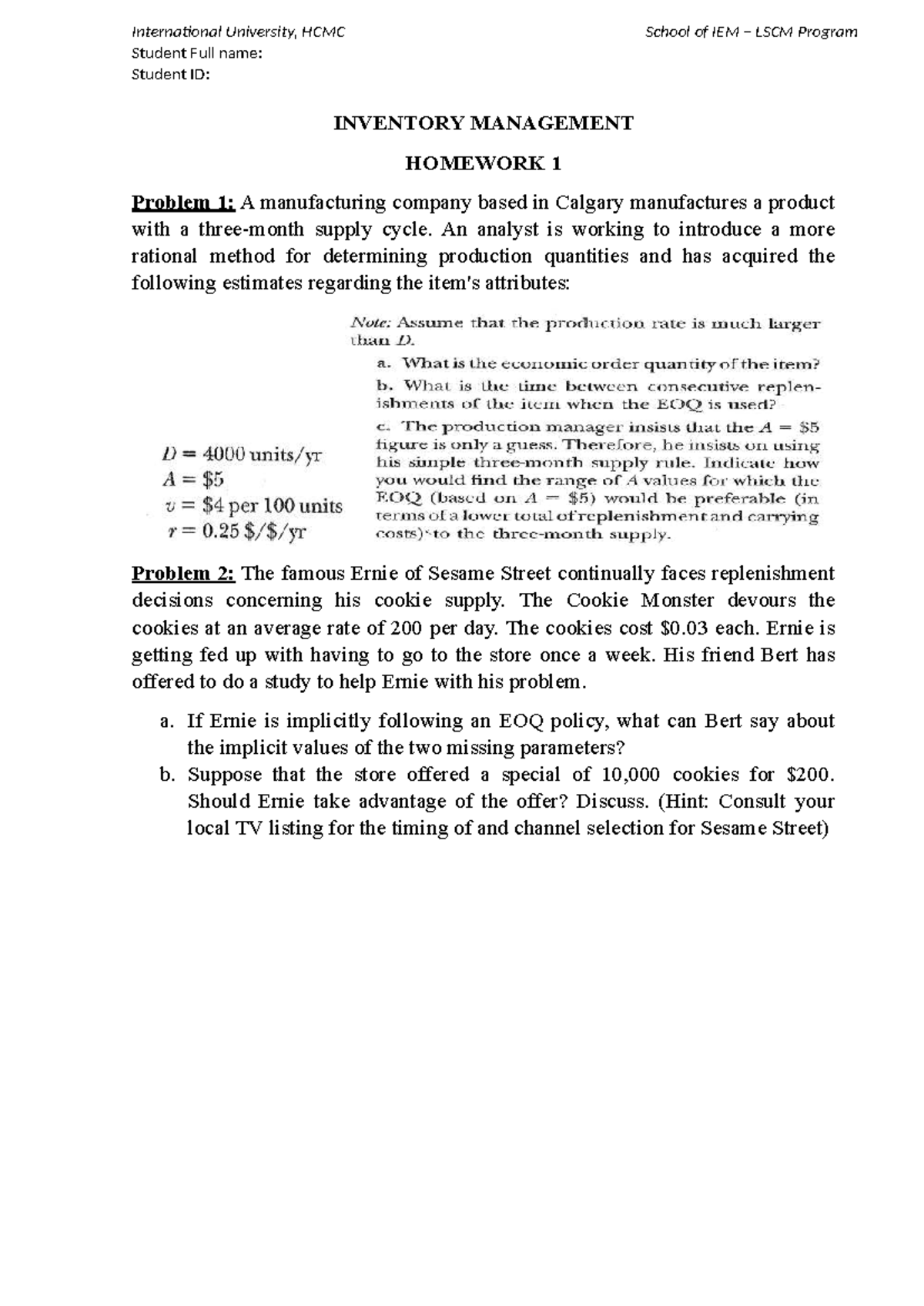 IEM LSCM Inventory Management Homework 1: Supply Chain Problems - Studocu