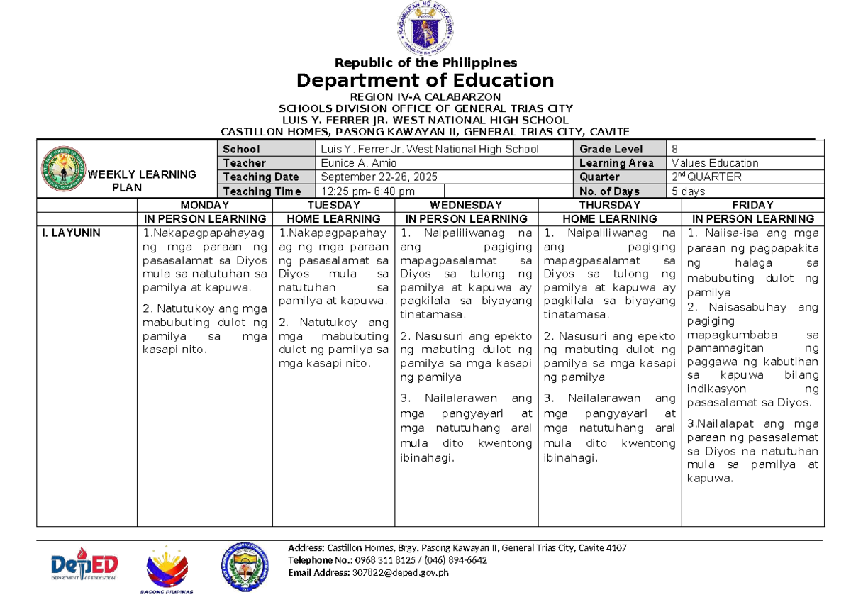 Quarter 2 Week 4 - Values Education 8 Weekly Learning Plan - Studocu