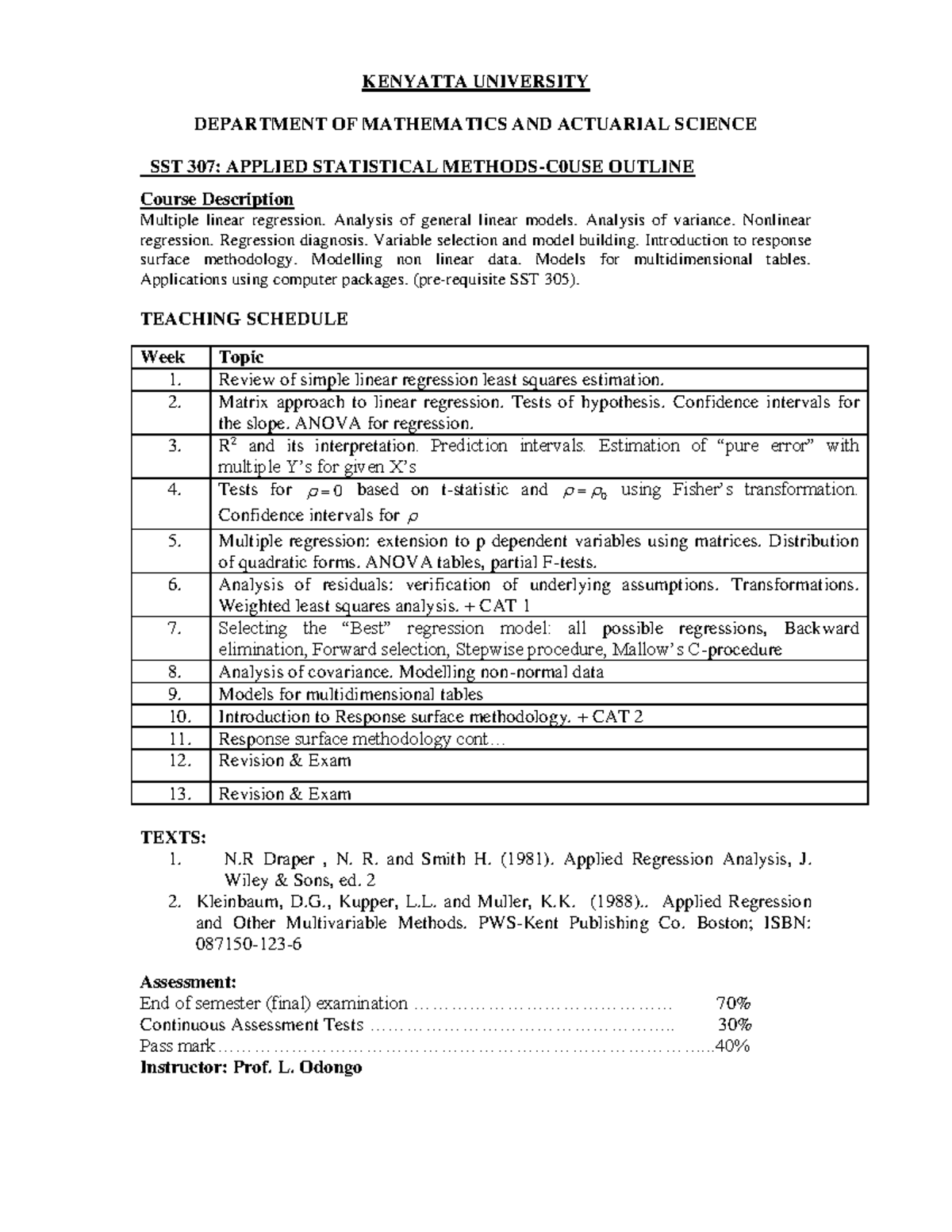 SST307 Applied Statistical Methods Course Outline and Lesson Notes ...