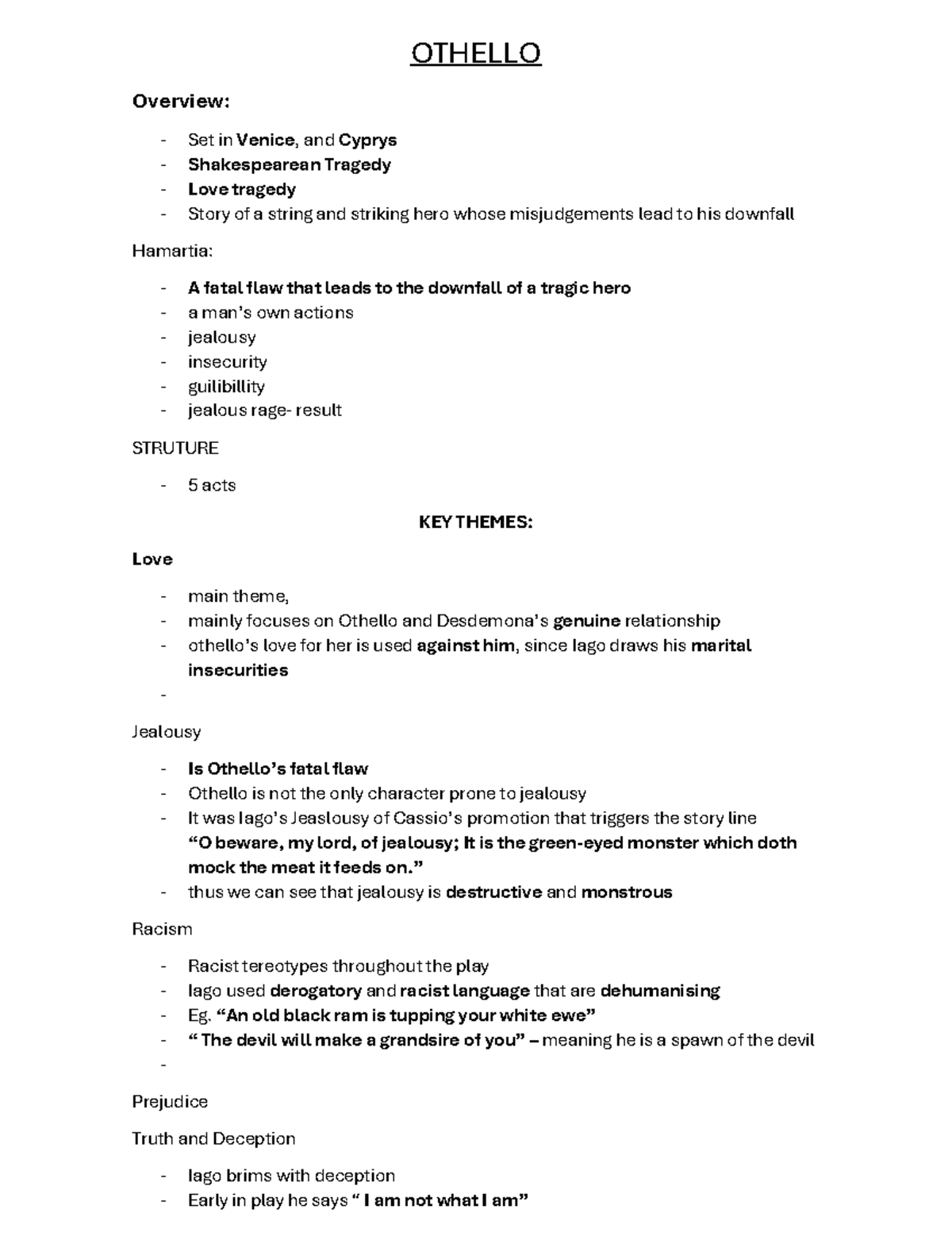 Othello (ENG 101) Final Exam Study Notes: Themes, Characters, and ...
