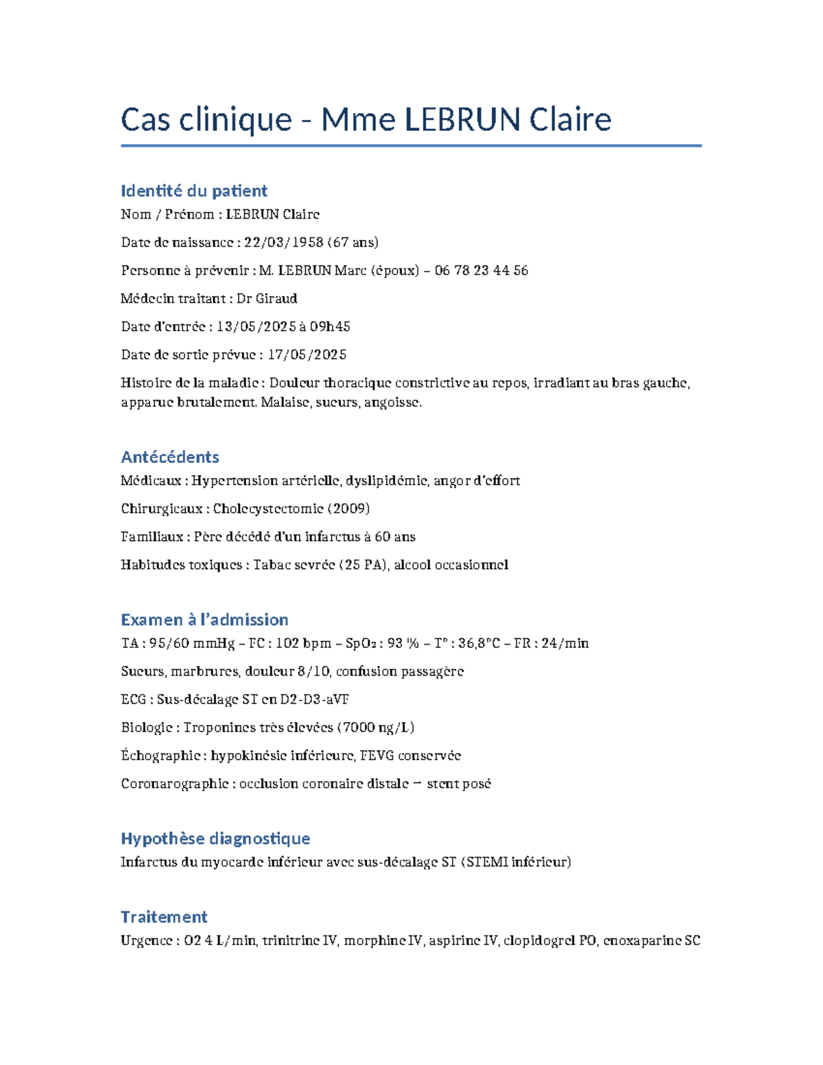 Dossier Médical 2 - Cas Clinique Mme LEBRUN (STEMI) - Studocu