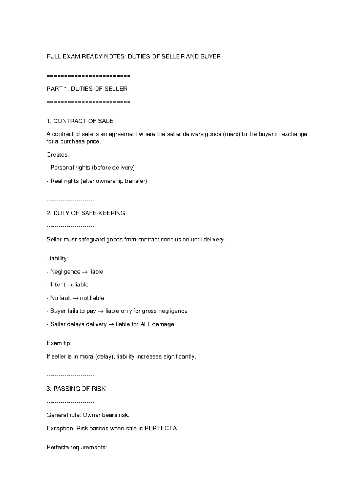 FULL NOTES: DUTIES OF SELLER AND BUYER - PART 1 & 2 - Studocu