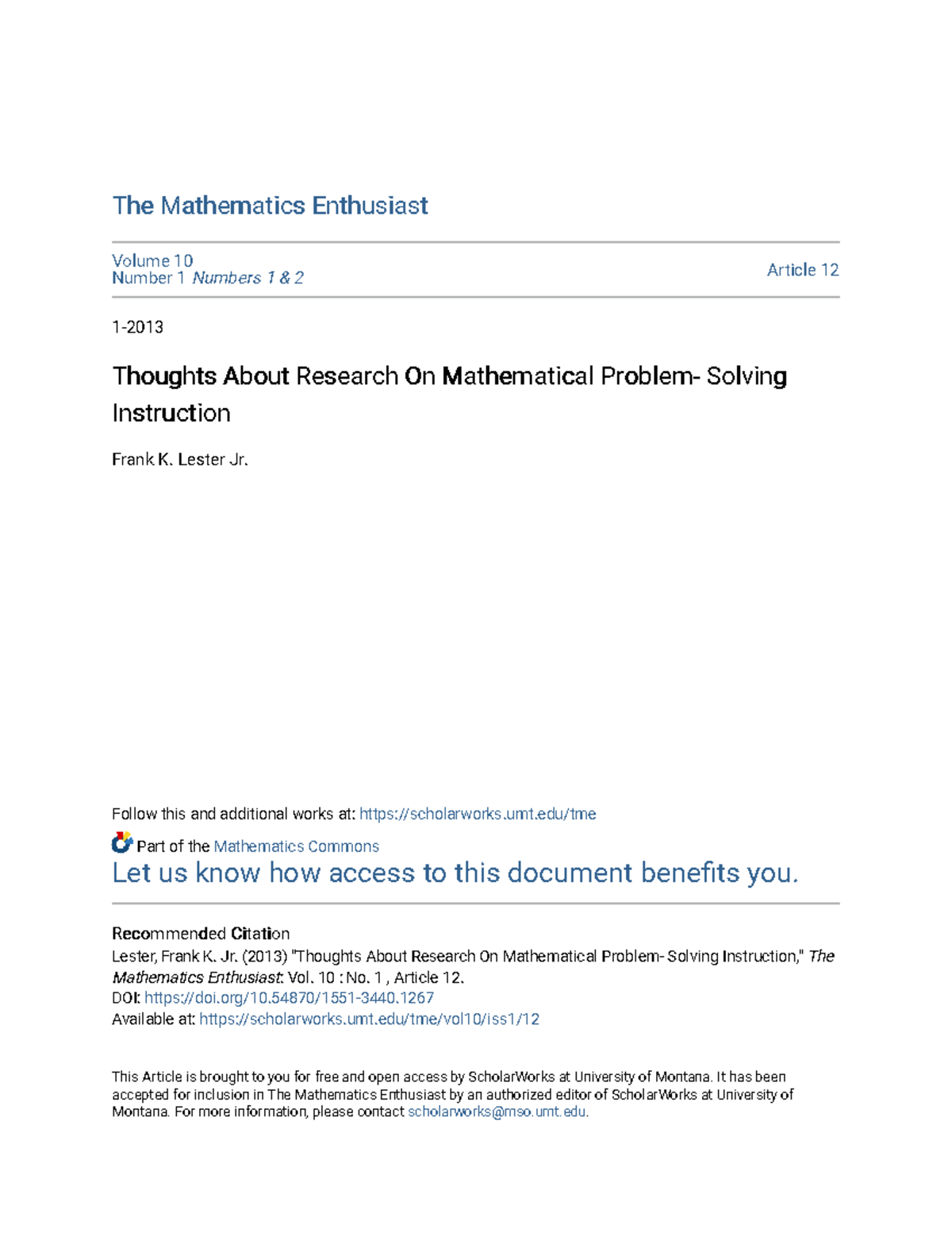 Thoughts on Research in Mathematical Solving Instruction (TME 10.1 ...