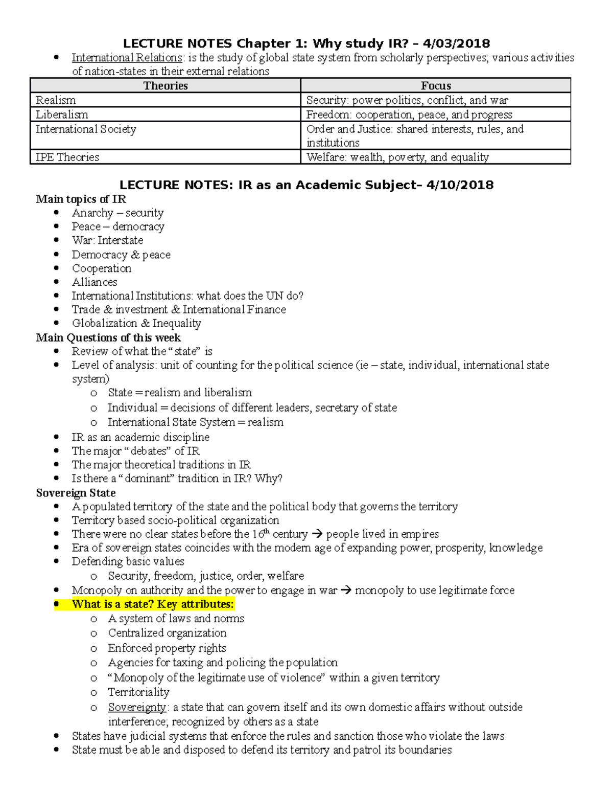POSC124S Lecture Notes: Introduction to International Relations ...