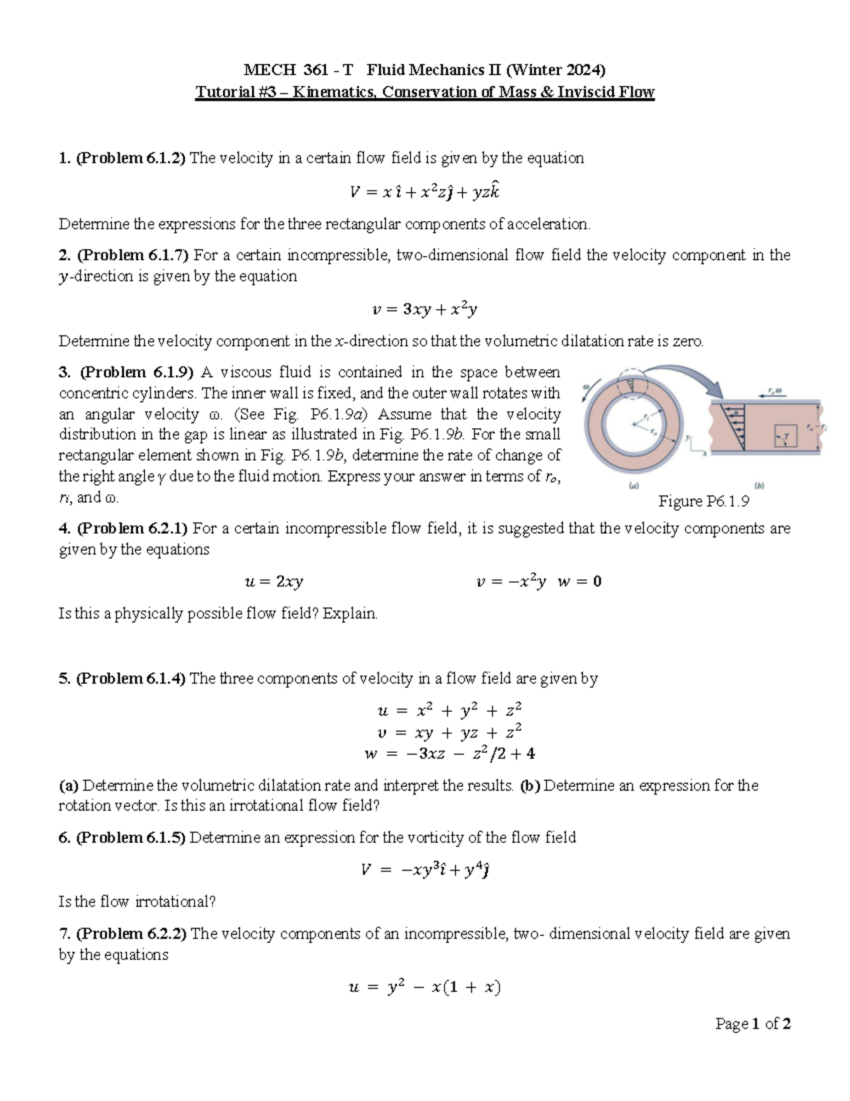 MECH 361 T Fluid Mechanics II (Winter 2024) Tutorial on Kinematics ...