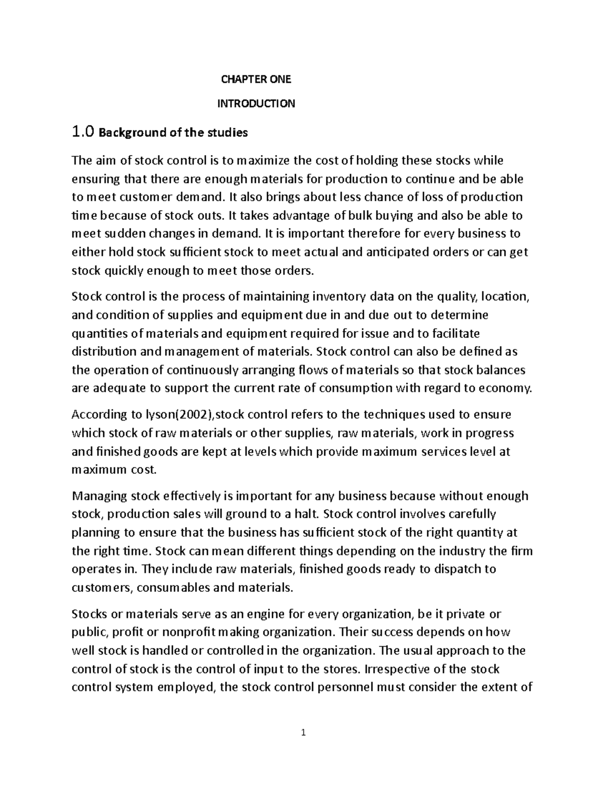 Project WORK (Stock Control Practices - Chapters 1 to 3) - Studocu