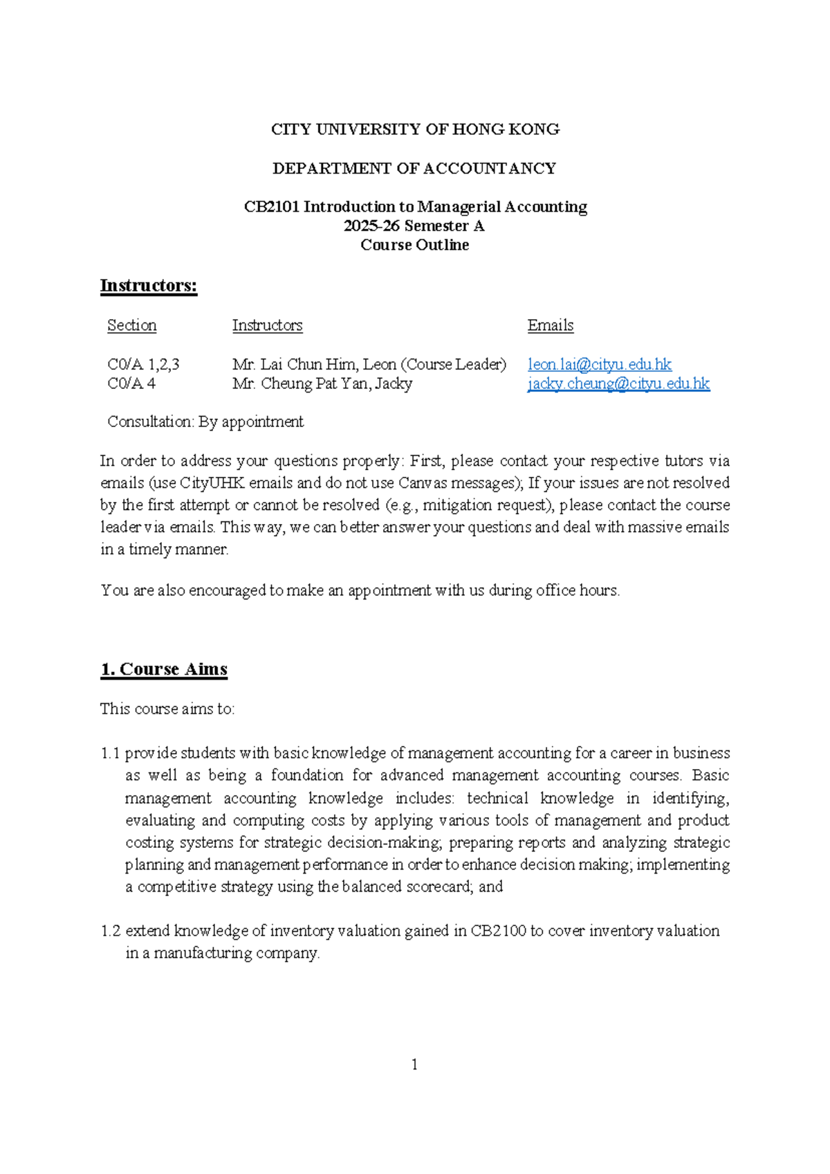 CB2101 2025-26 Sem A Managerial Accounting Course Outline - Studocu