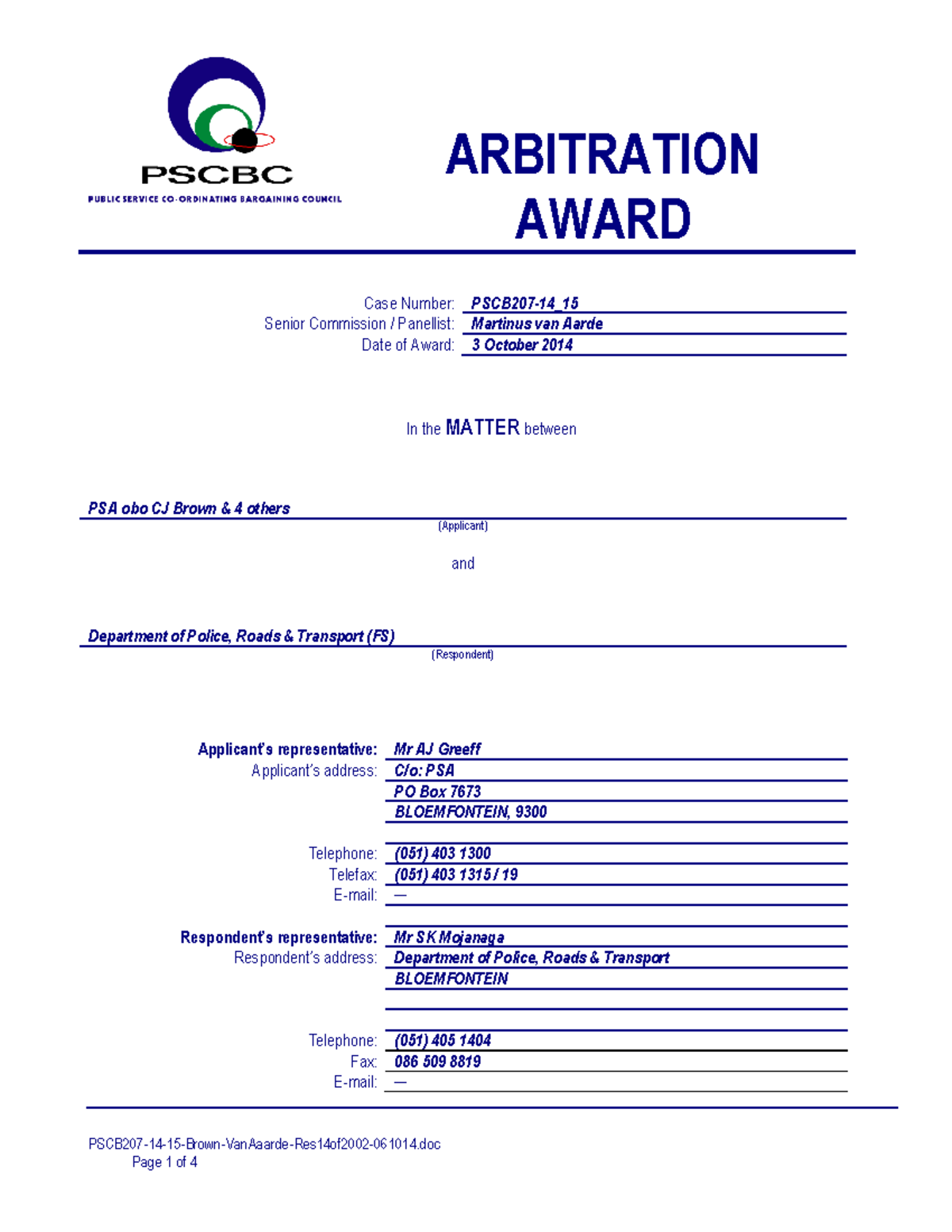 PSCB207 Arbitration Award: CJ Brown vs. Dept. of Police (2014) - Studocu
