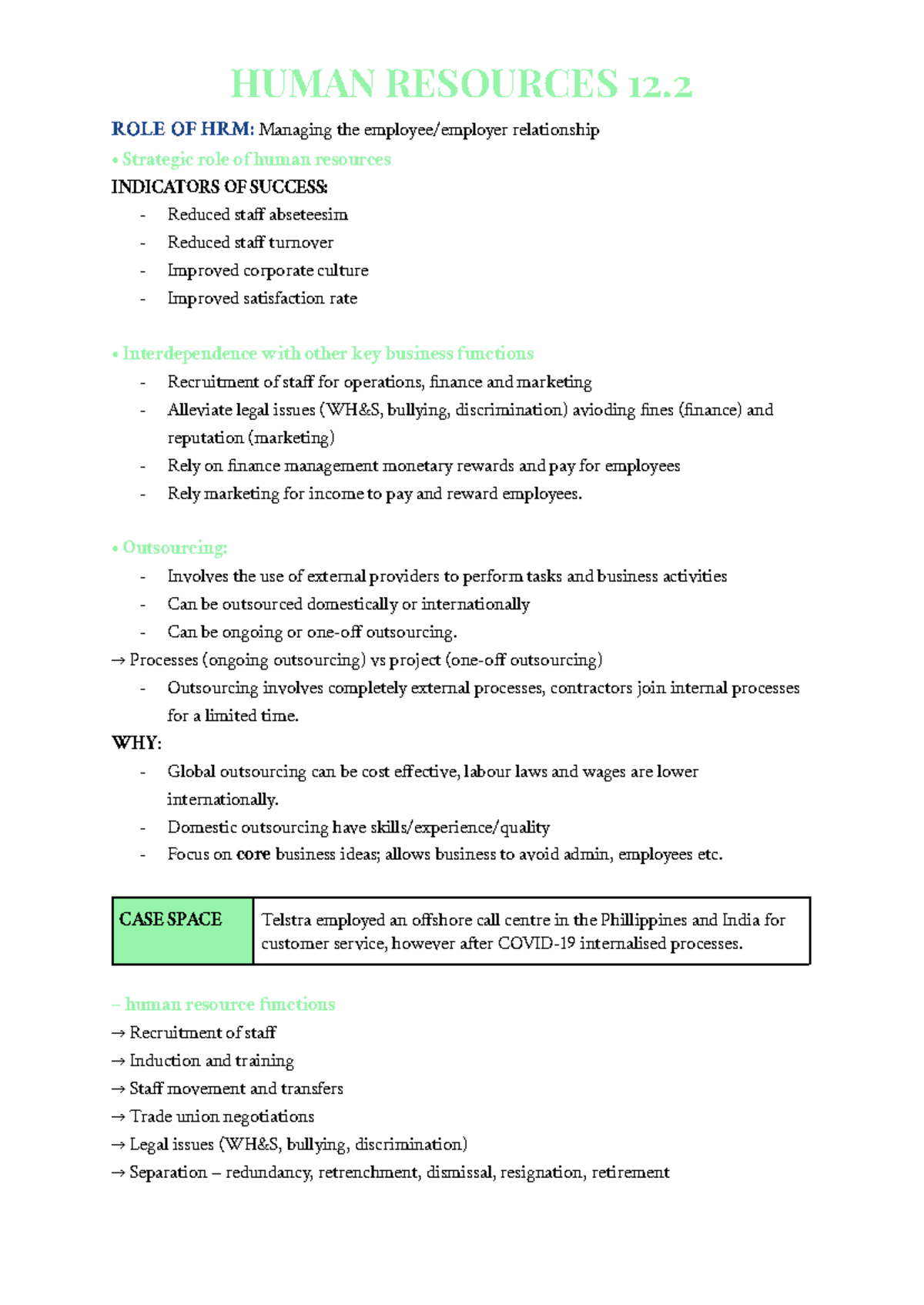Business Topic 2 HR - HR notes with case studies - ROLE OF HRM ...
