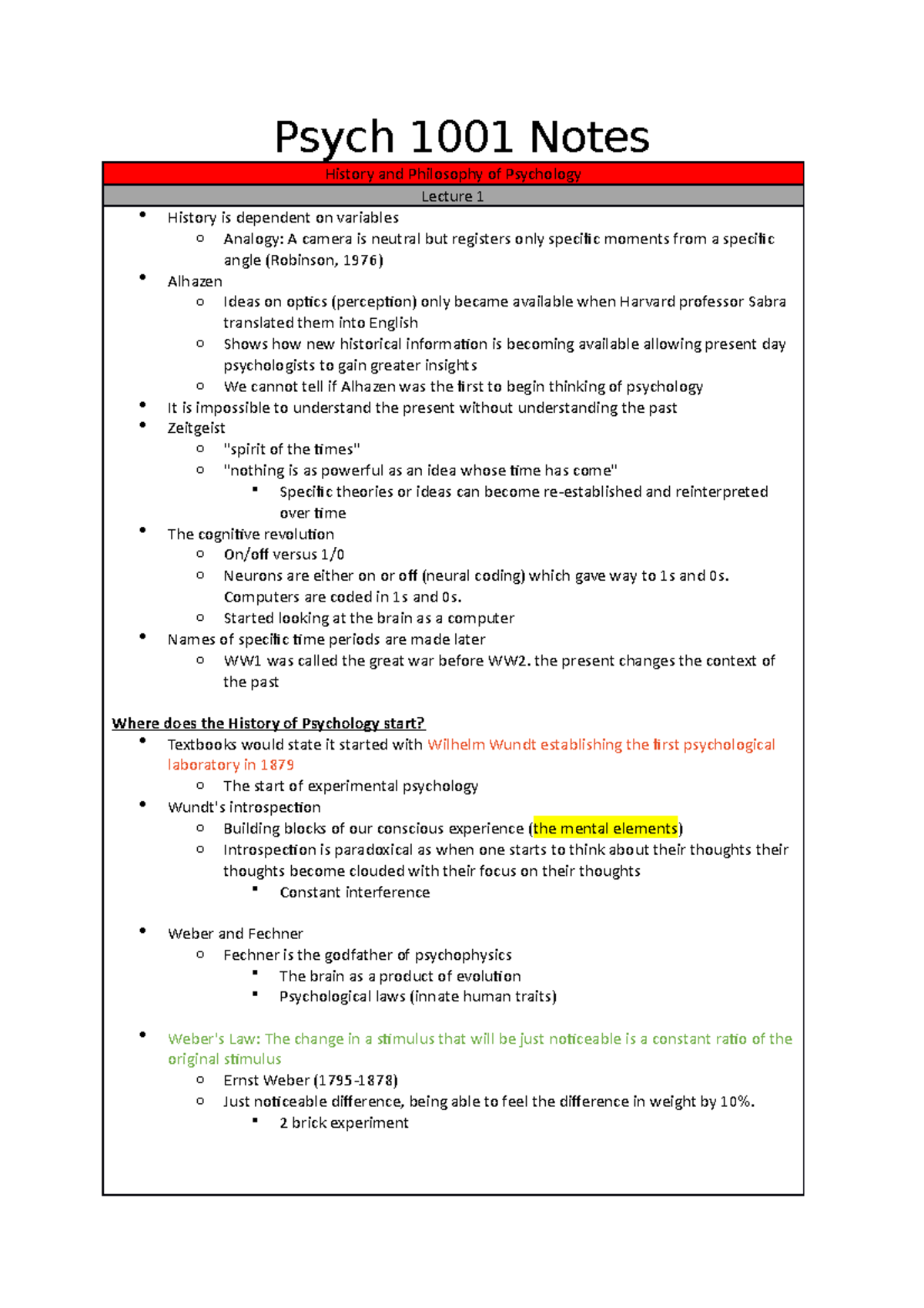 Mid-Sem Notes - Psych 1001 Notes History and Philosophy of Psychology ...