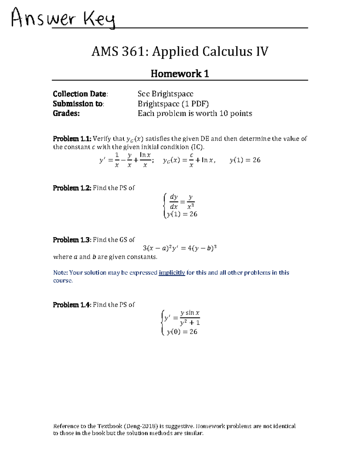 AMS 361: Applied Calculus IV Homework 1 Solutions and Problems - Studocu