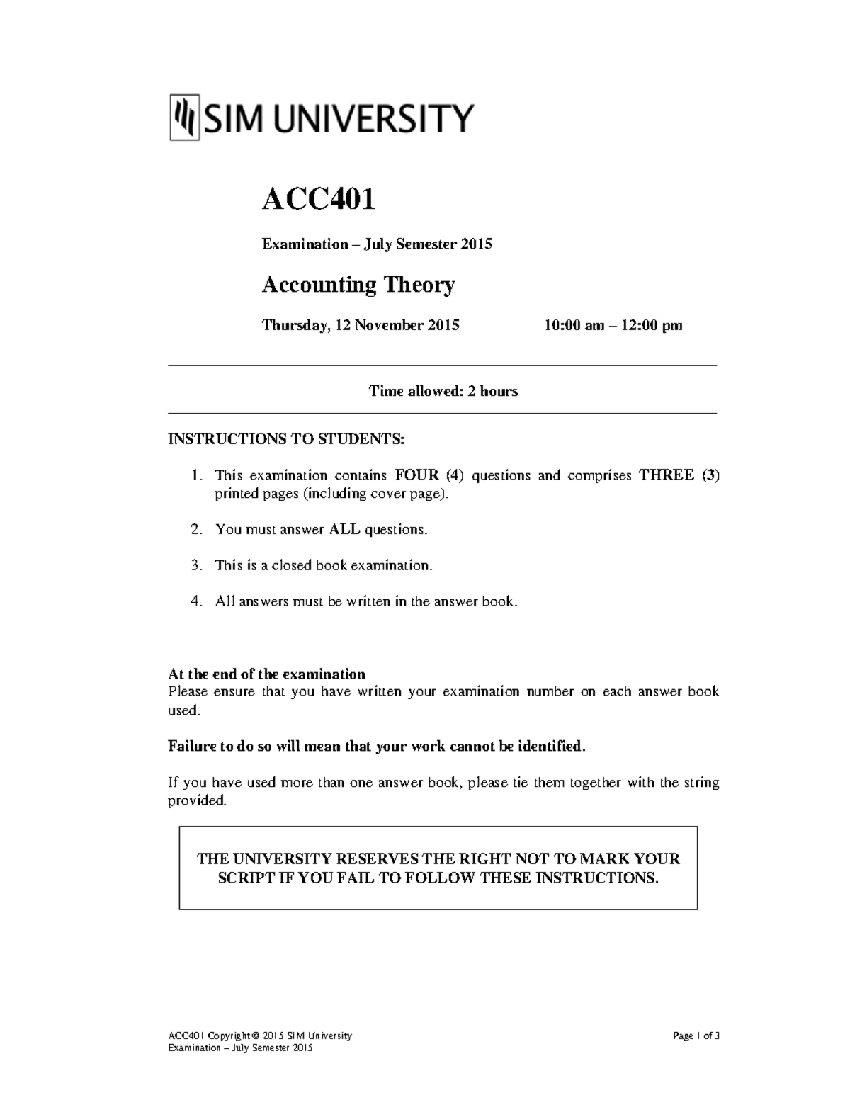 ACC401 July 2015 Final Exam Paper on Accounting Theory - Studocu