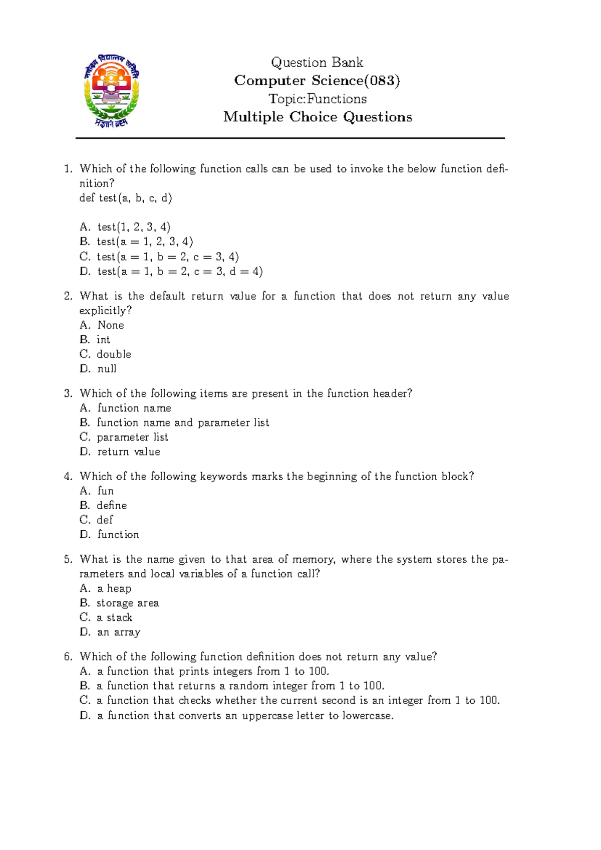 Question Bank for Computer Science (083): Functions MCQs - Studocu