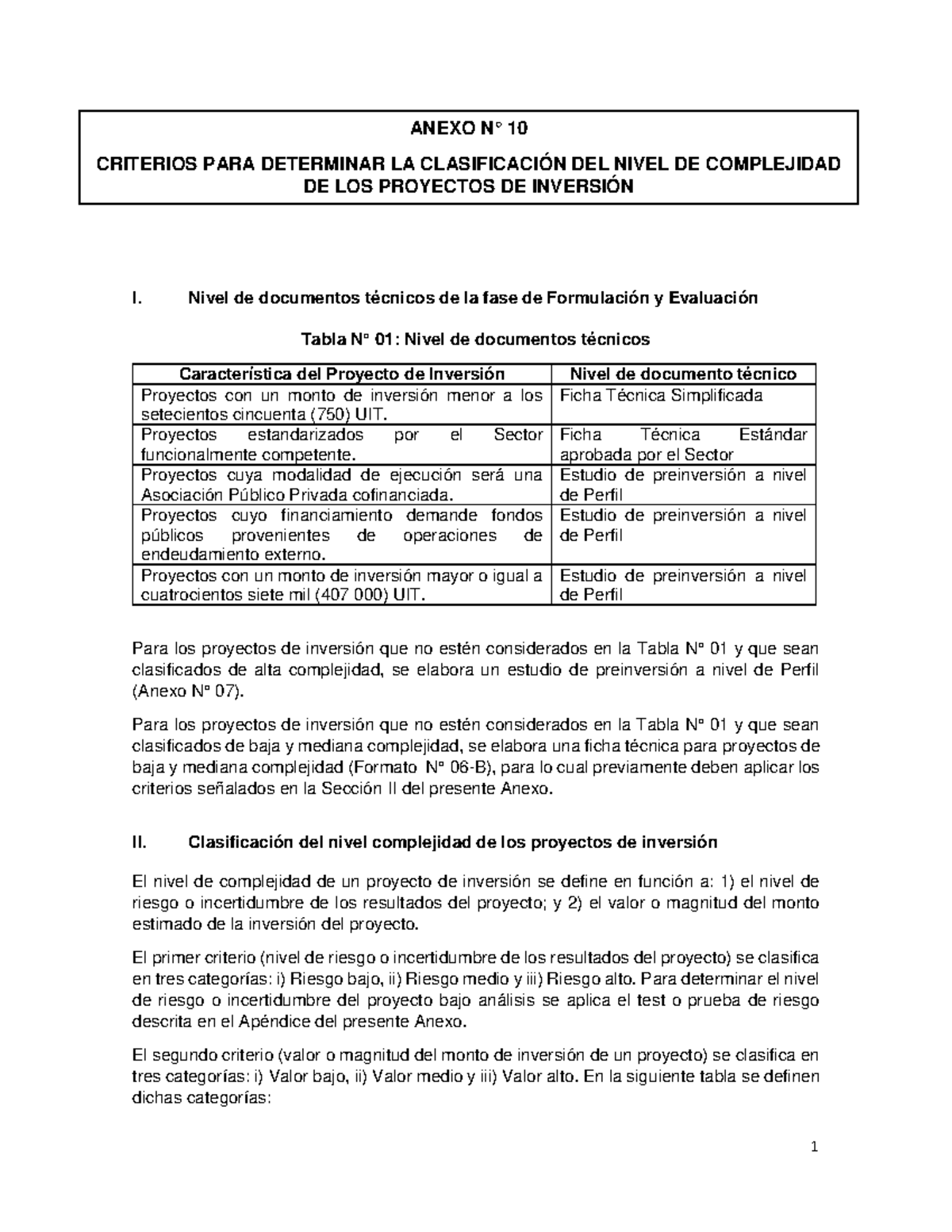 Anexo 10: Criterios para Clasificación de Complejidad en Proyectos de Inversión - Document Preview