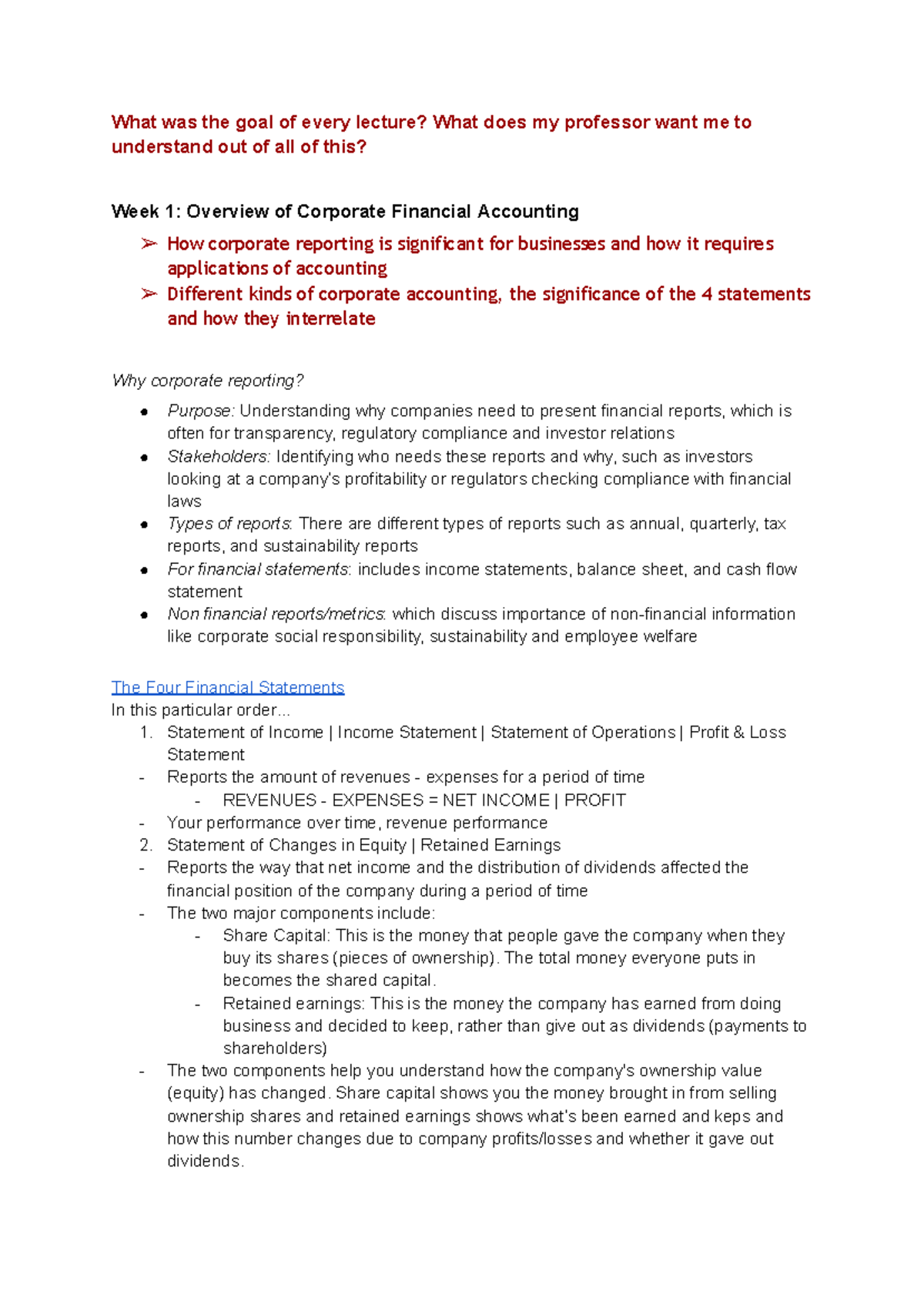 FIN 101: Week 1 Corporate Financial Accounting Lecture Notes - Studocu