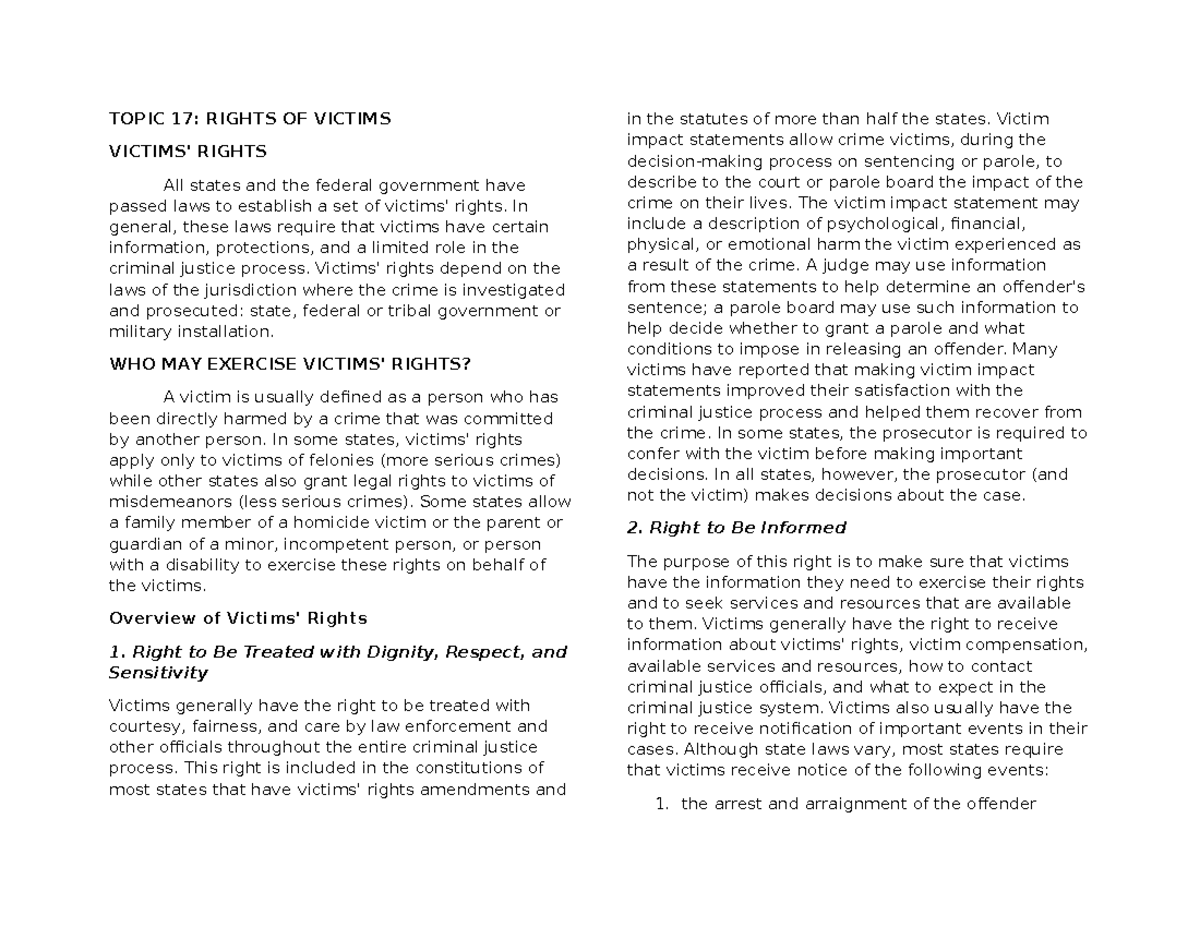 Topic 17 Victimology - TOPIC 17: RIGHTS OF VICTIMS VICTIMS' RIGHTS All ...