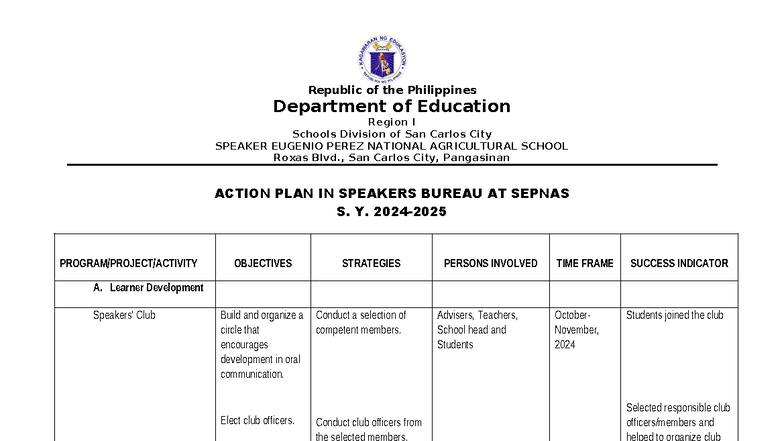 Action Plan for Speakers Bureau at SEPNAS S.Y. 2024-2025 - Studocu