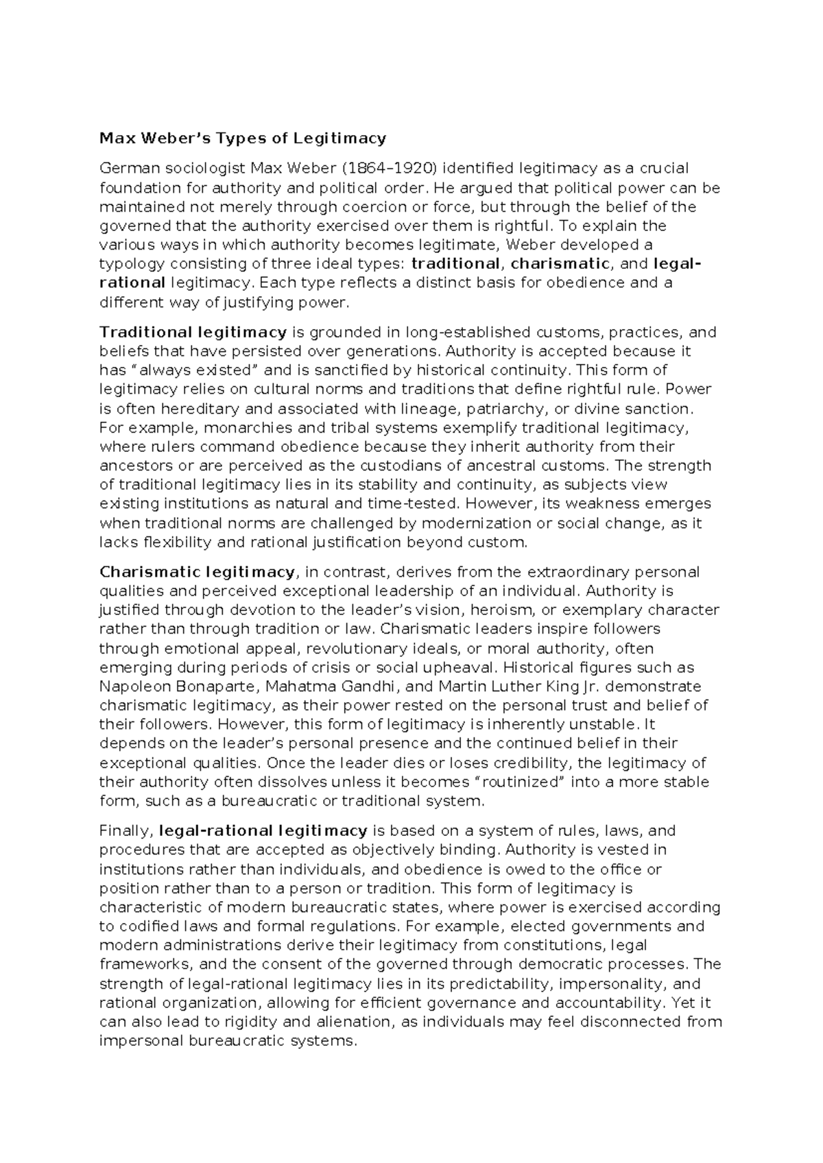Max Weber's Types of Legitimacy: Authority Explained - Studocu