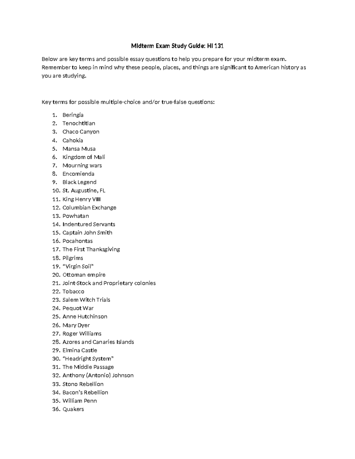 Midterm Exam Study Guide for HI 131: Key Terms & Essay Topics - Studocu