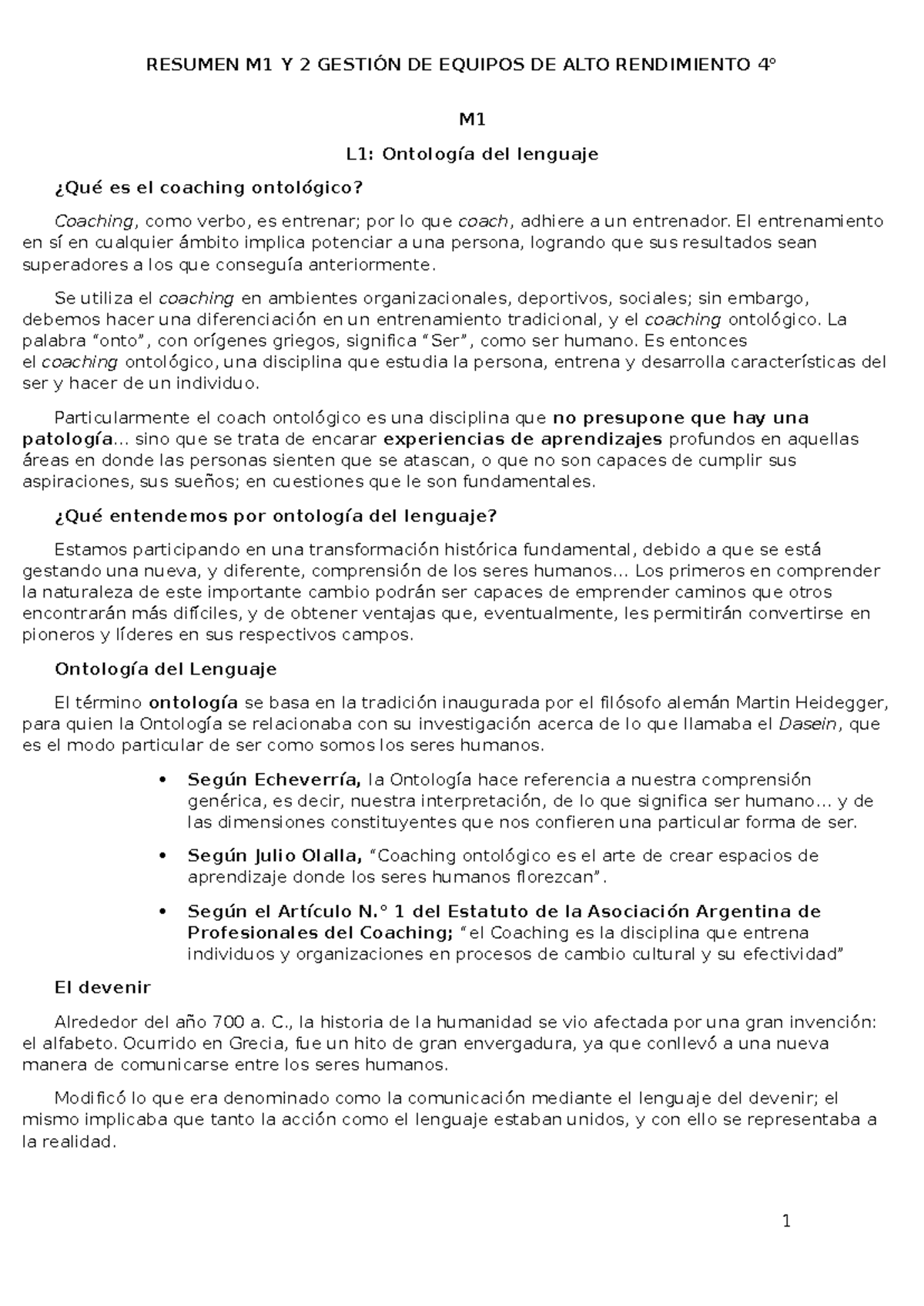 Resumen M1 y M2: Coaching Ontológico y Gestión de Equipos - Studocu