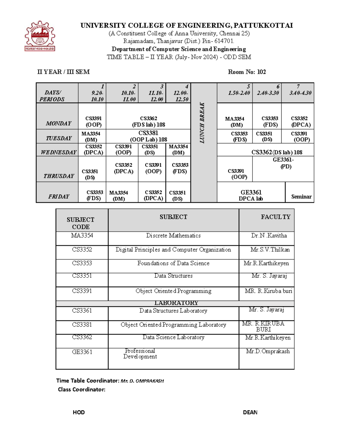 CSE II Year ODD Semester Time Table (Nov 2024) - Studocu