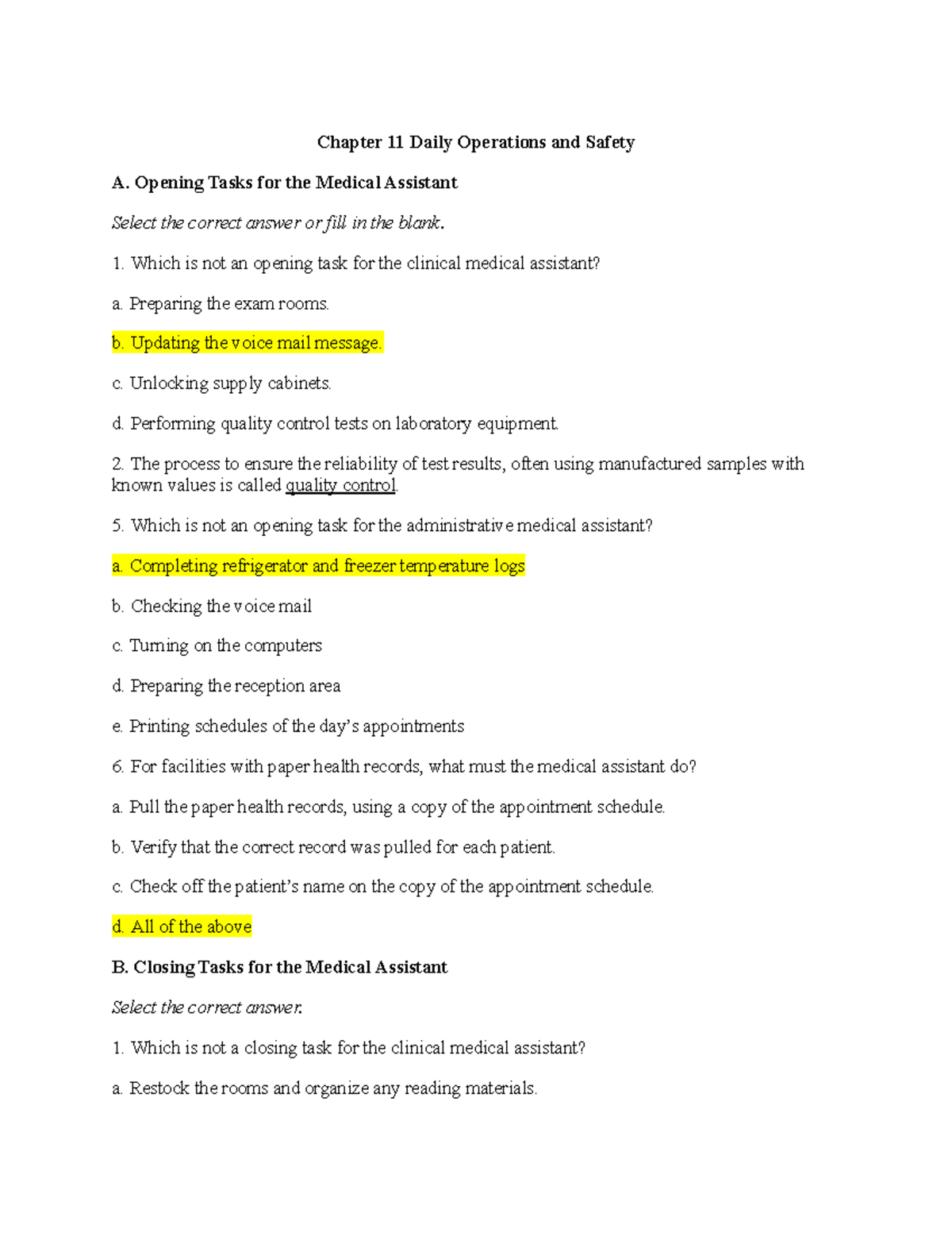 Chapter 11: Daily Operations & Safety for Medical Assistants - Studocu