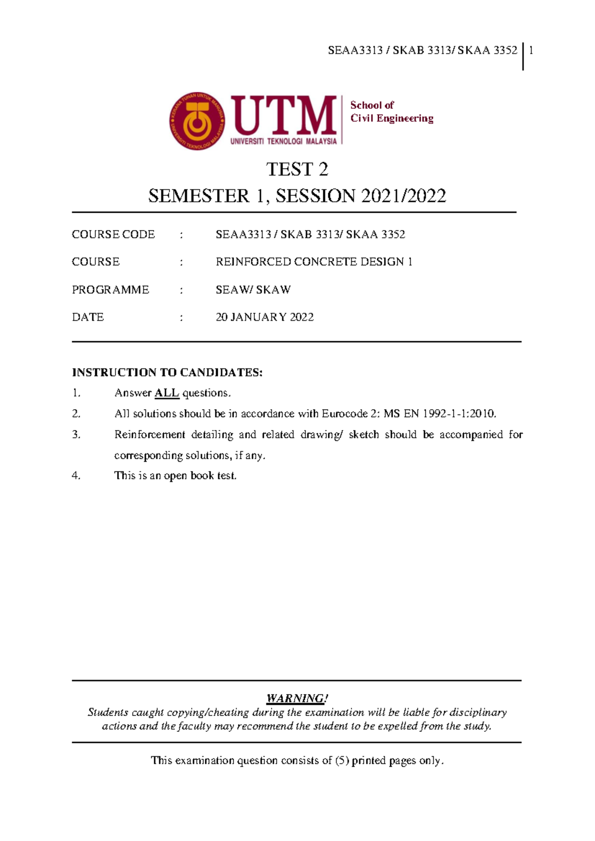 SEAA3313/ SKAB 3313/ SKAA 3352 Test 2: Reinforced Concrete Design 1 ...
