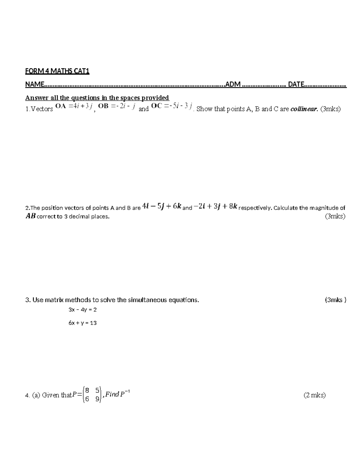 Form 4 MATHS CAT1 Revision SET 1 Questions and Solutions - Studocu