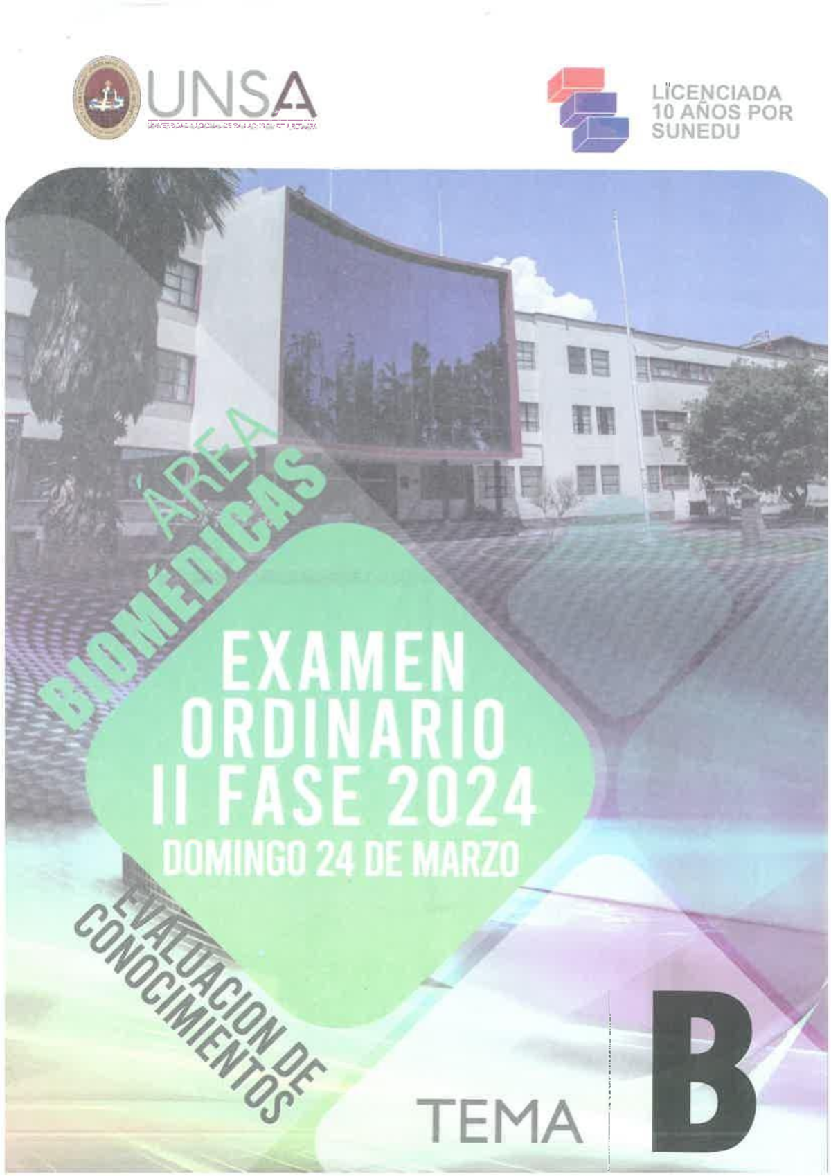 Examen de Admisión Ordinario II Fase 2024 - UNSA Biomedicas - Studocu