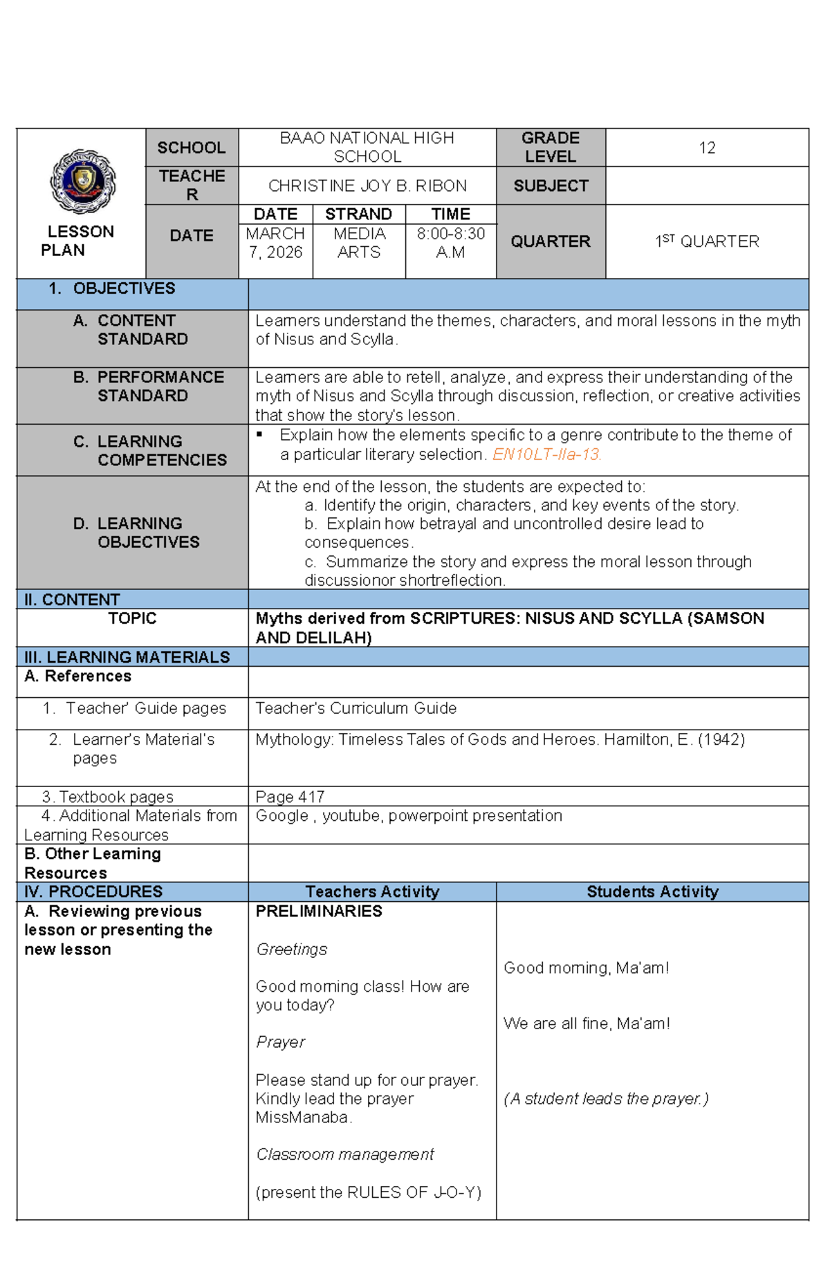 Detailed Lesson Plan: Myths of Nisus and Scylla (Grade 1, Media Arts ...