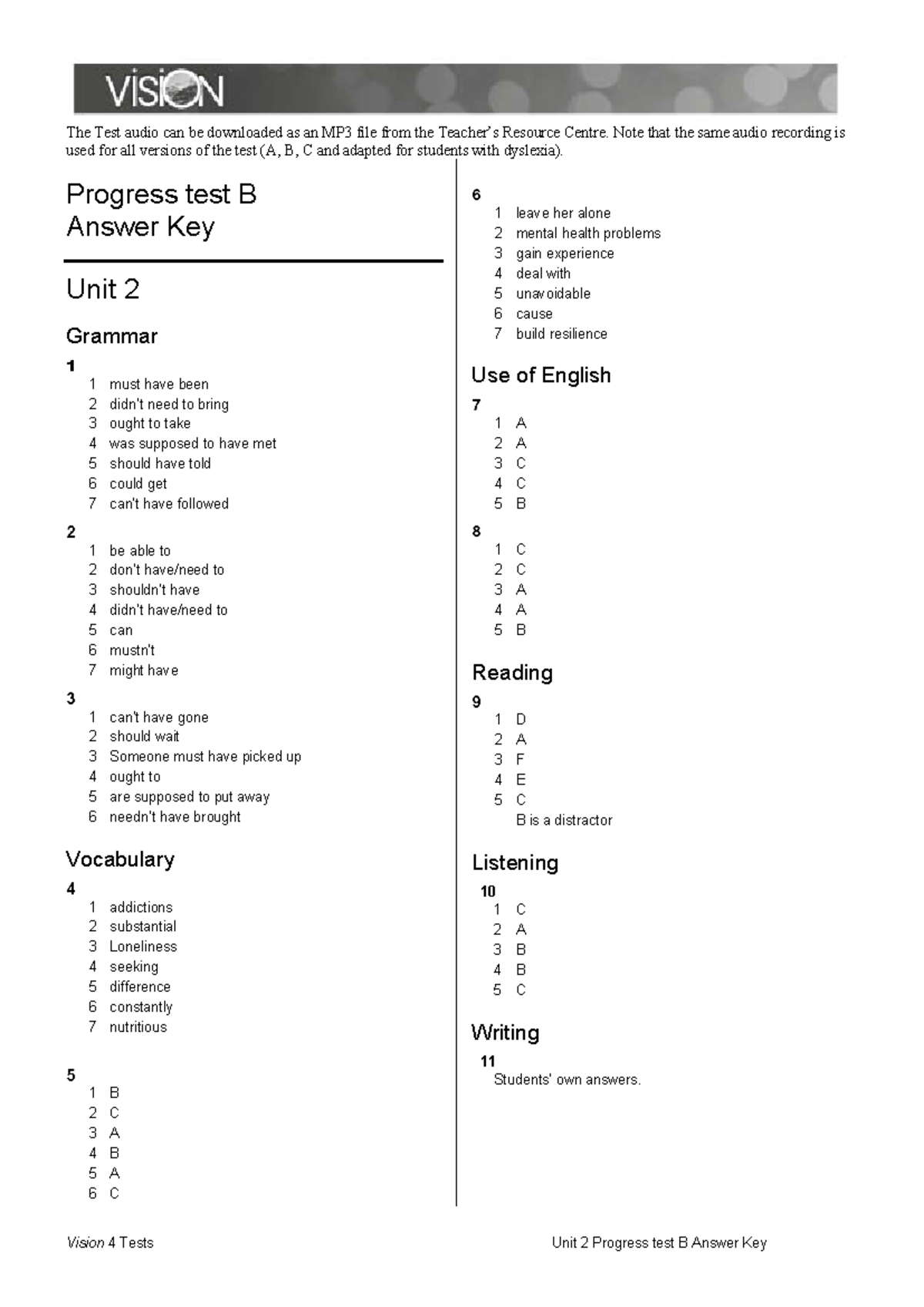 Vision L4 U2 Progress Test B Answer Key for Audio and Exercises - Studocu