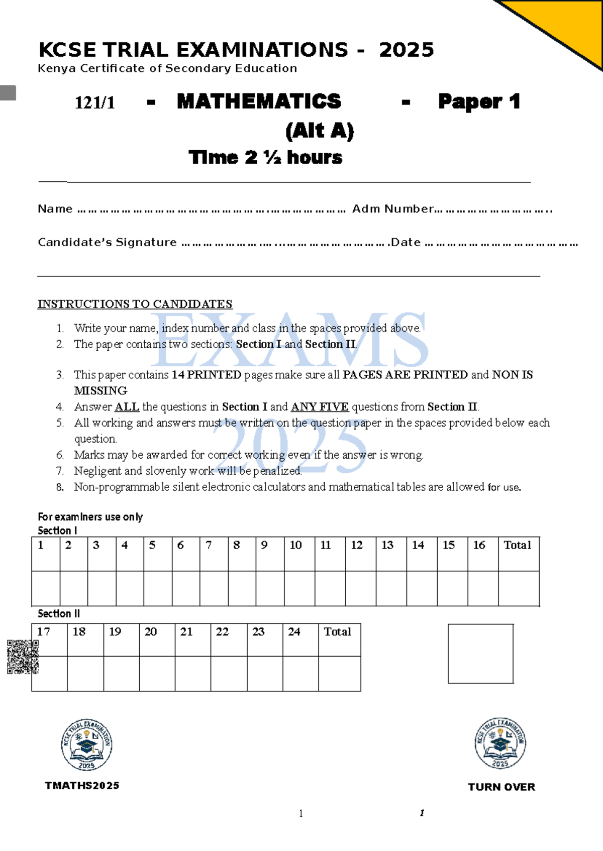 KCSE TRIAL EXAM 2025: MATHEMATICS (Alt A) Paper 1 - Studocu