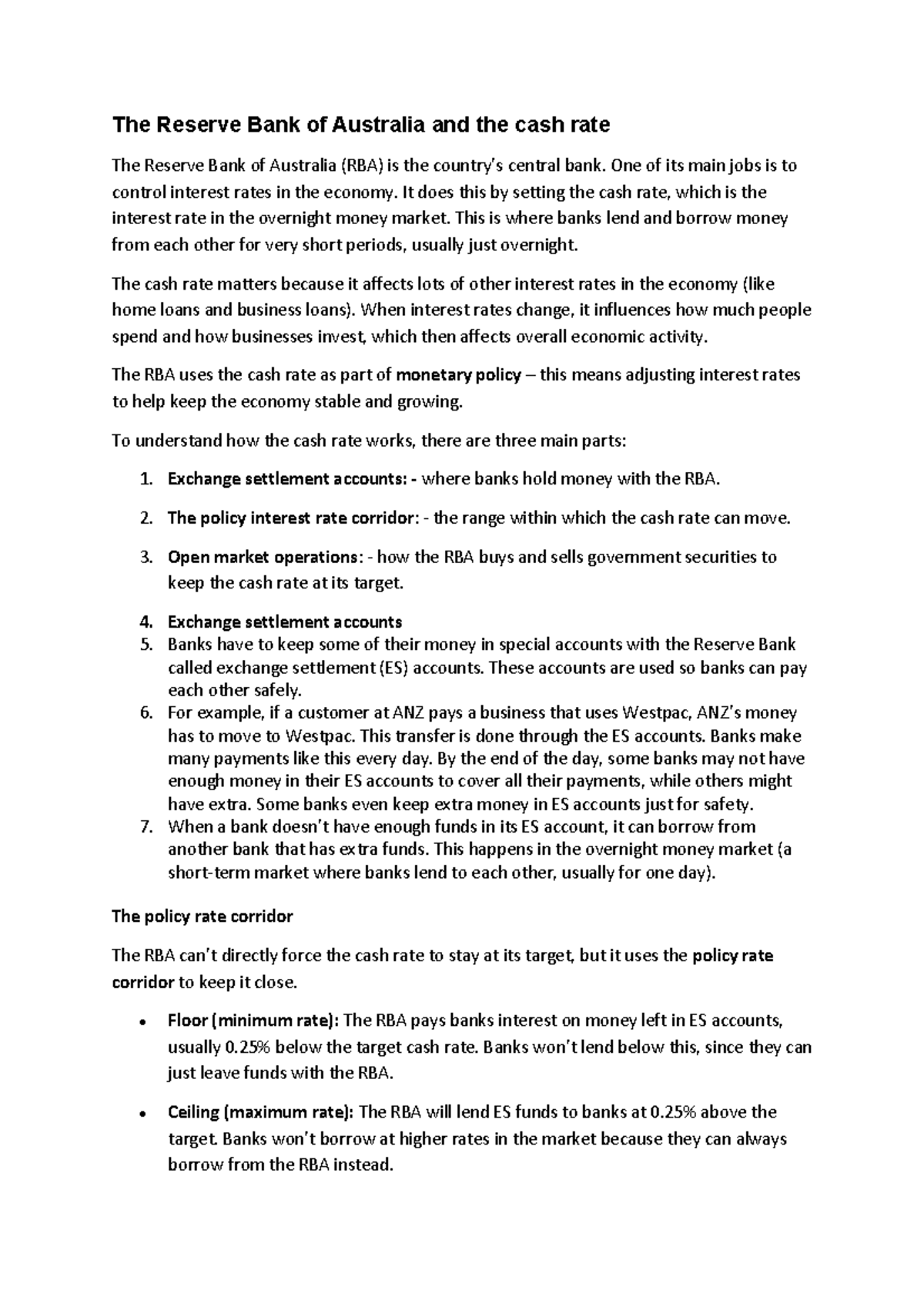 RBA Monetary Policy: Understanding the Cash Rate Dynamics - Studocu