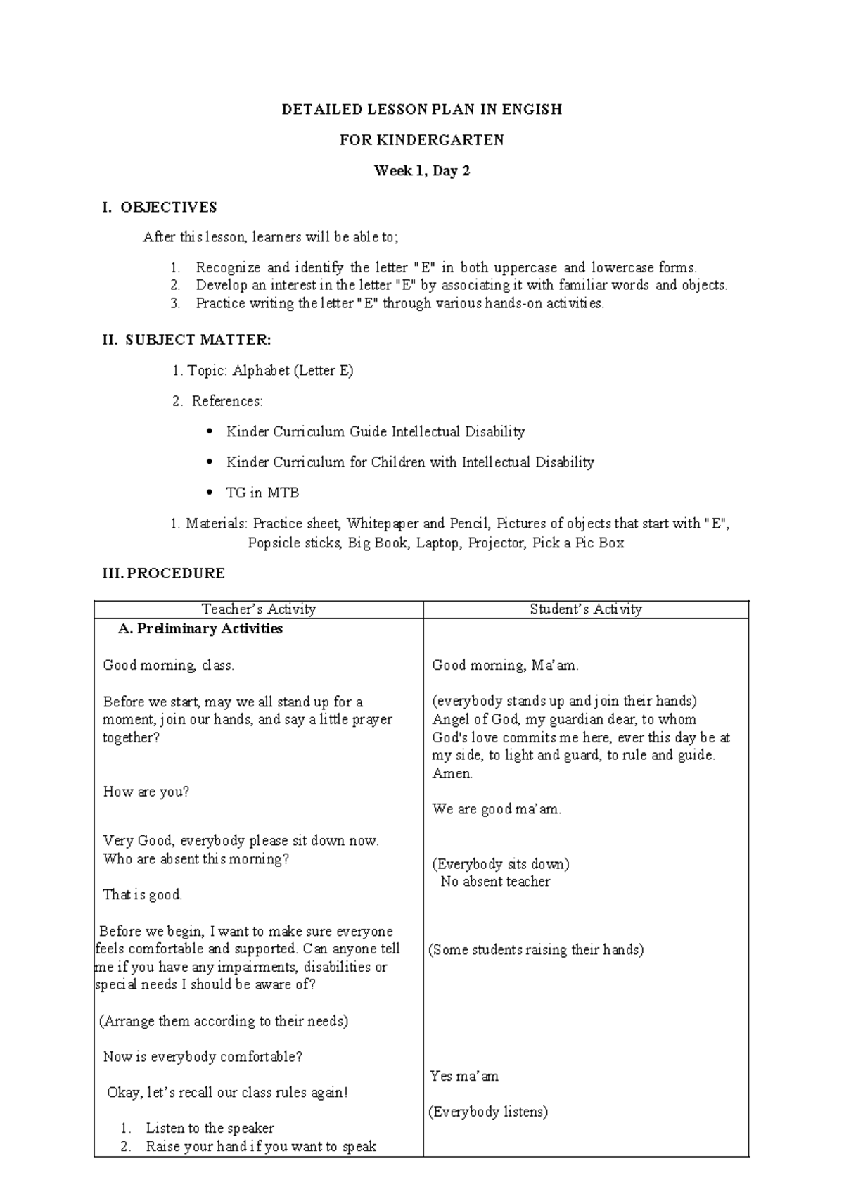 Detailed Lesson Plan in English for Kindergarten: Letter E Activities ...