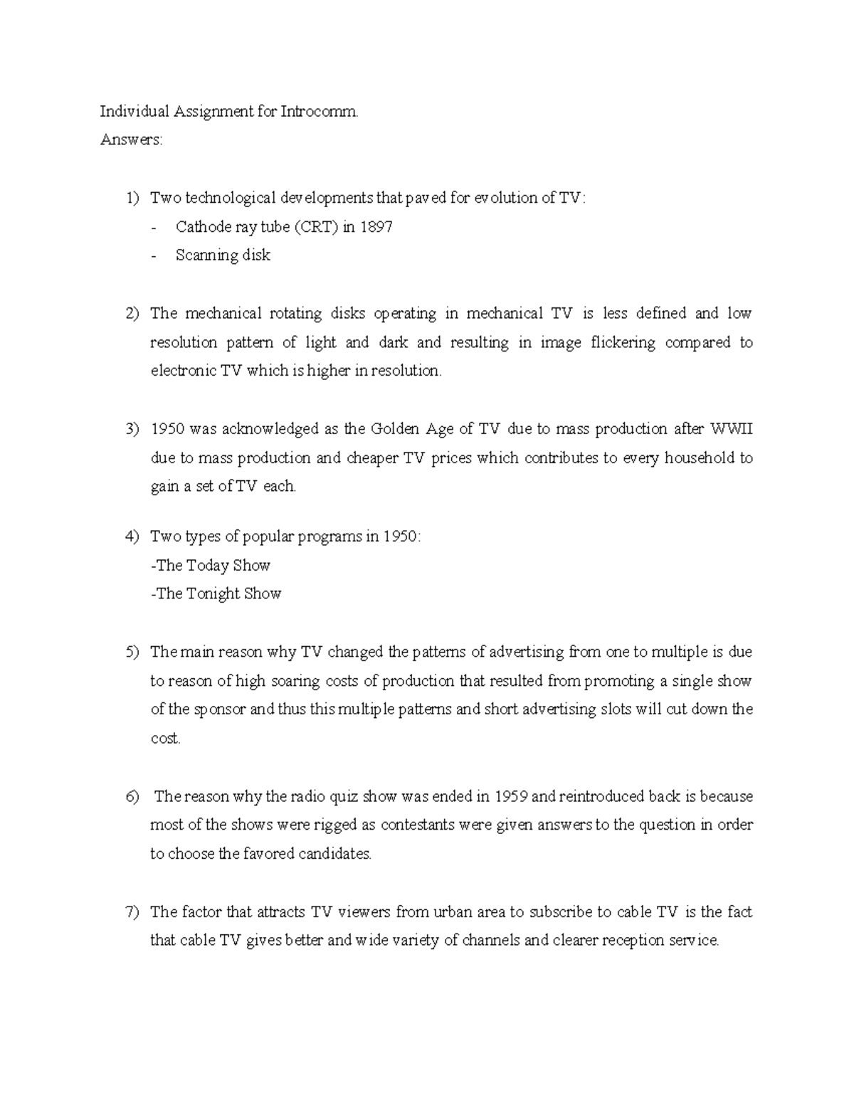 COM 410 Individual Assignment: Understanding the Evolution of TV - Studocu