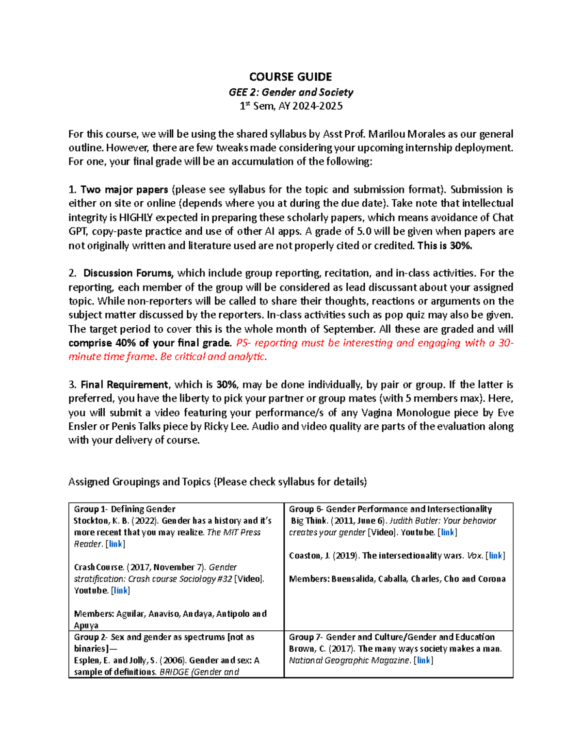 Course Guide GEE 2: Gender and Society - 1st Sem AY 2023-2024 - Studocu